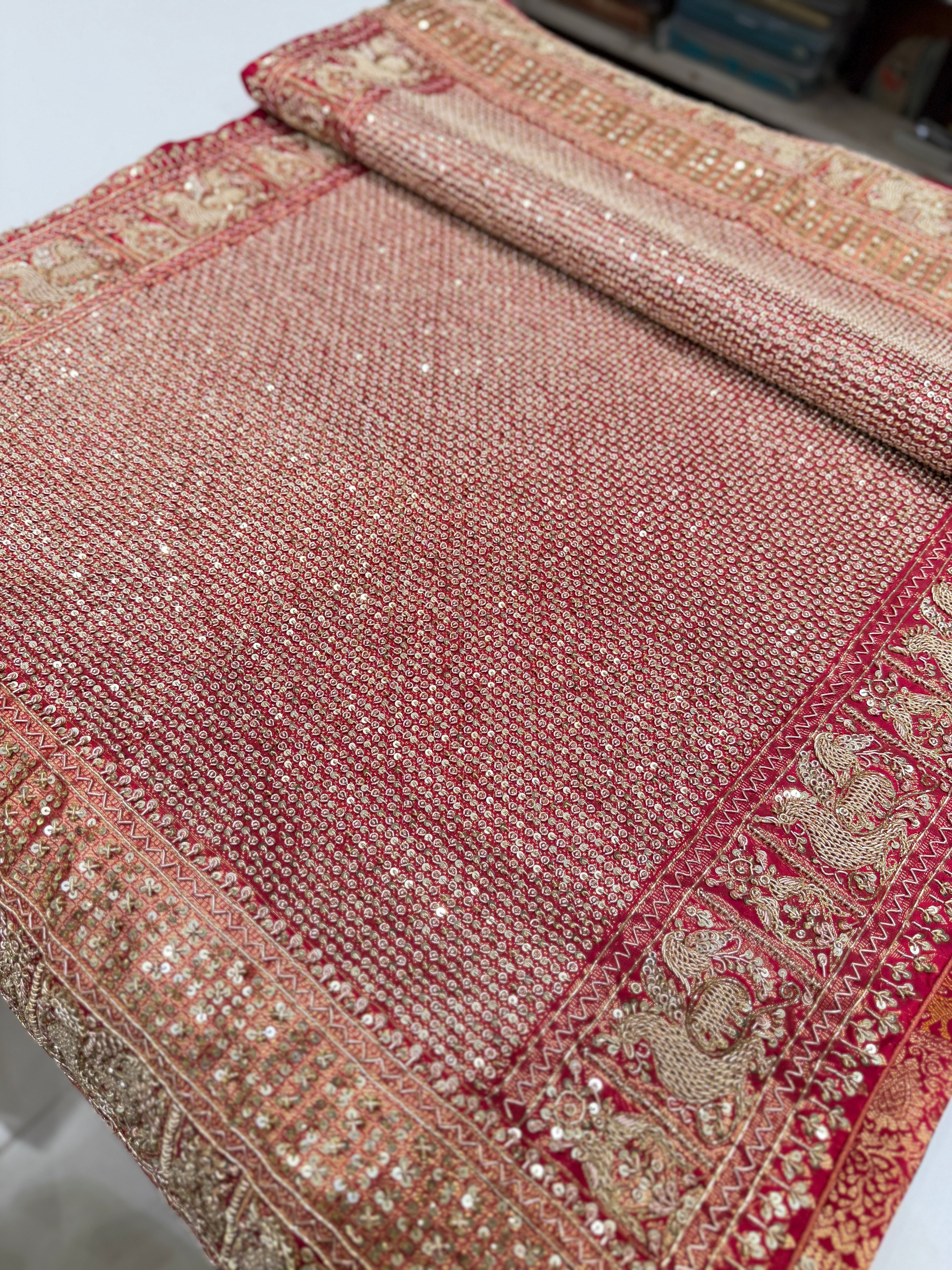 Rani Pink Peacock Motif Meenakari Hand Embroidery Zardosi Saree
