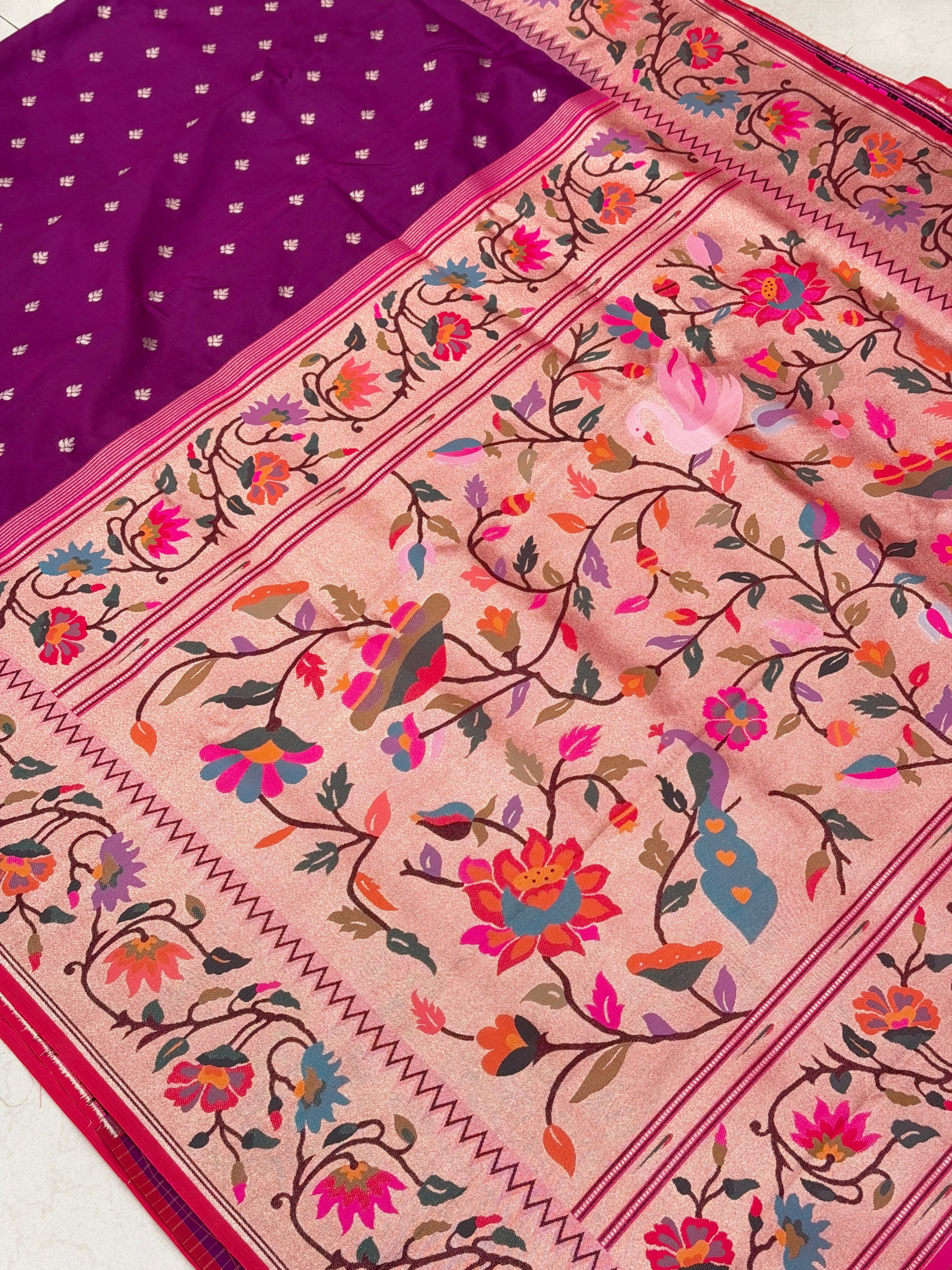 Wine Floral Border Paithani Silk Saree