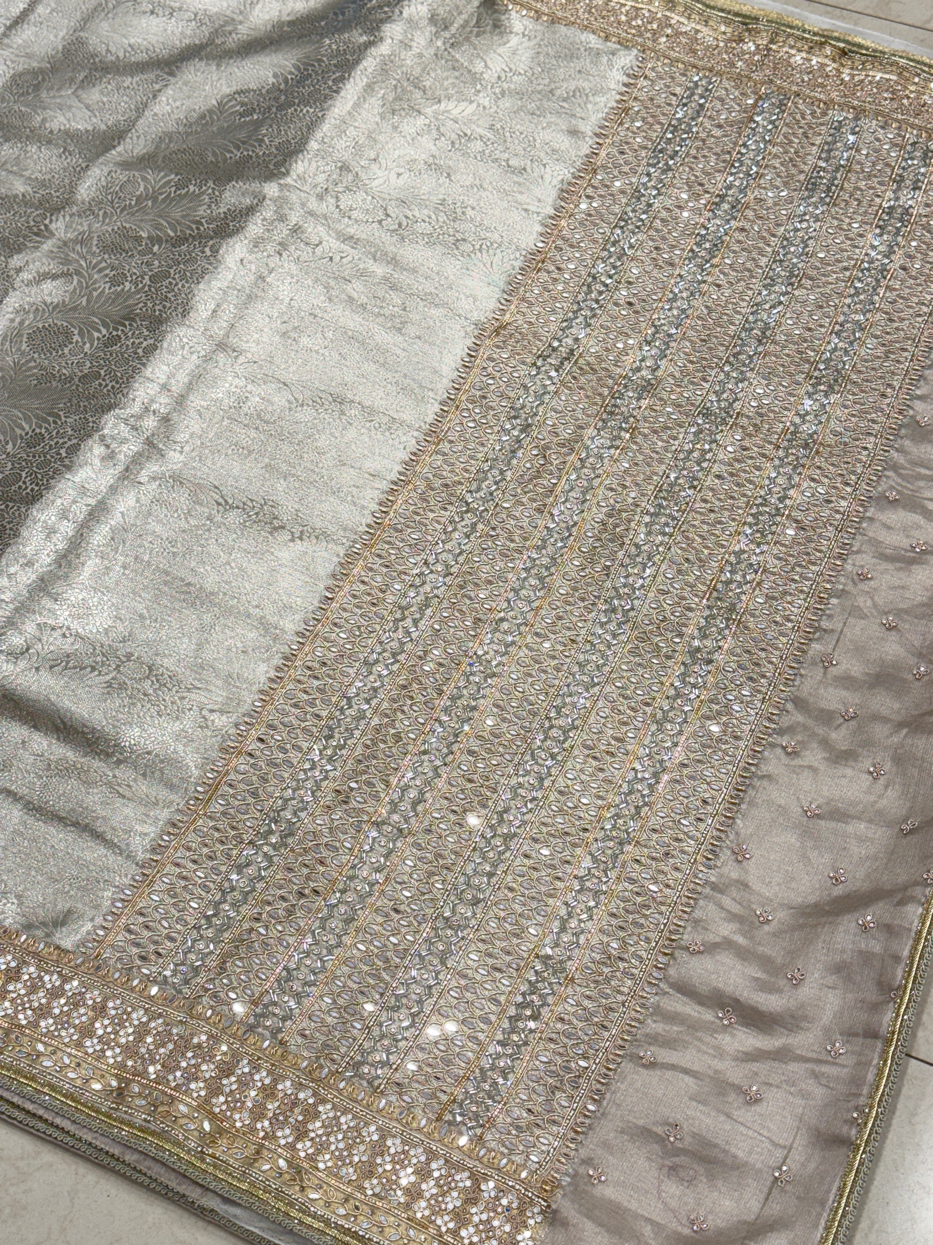 Silver Tissue Kanjivaram Hand Embroidery Saree