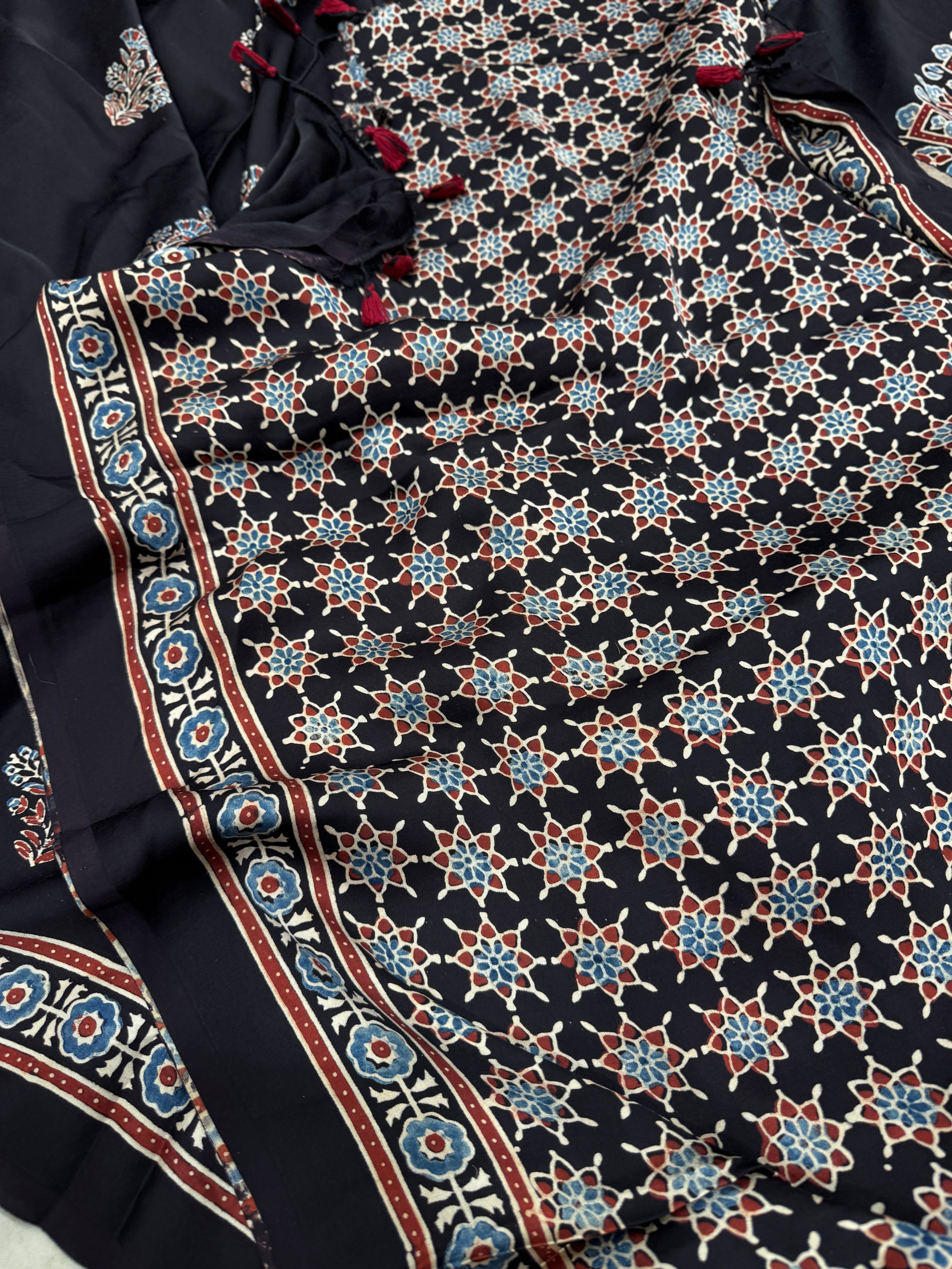 Black Floral Big Buttas Ajrakh Block Print Hand Pure Gajji Silk Saree