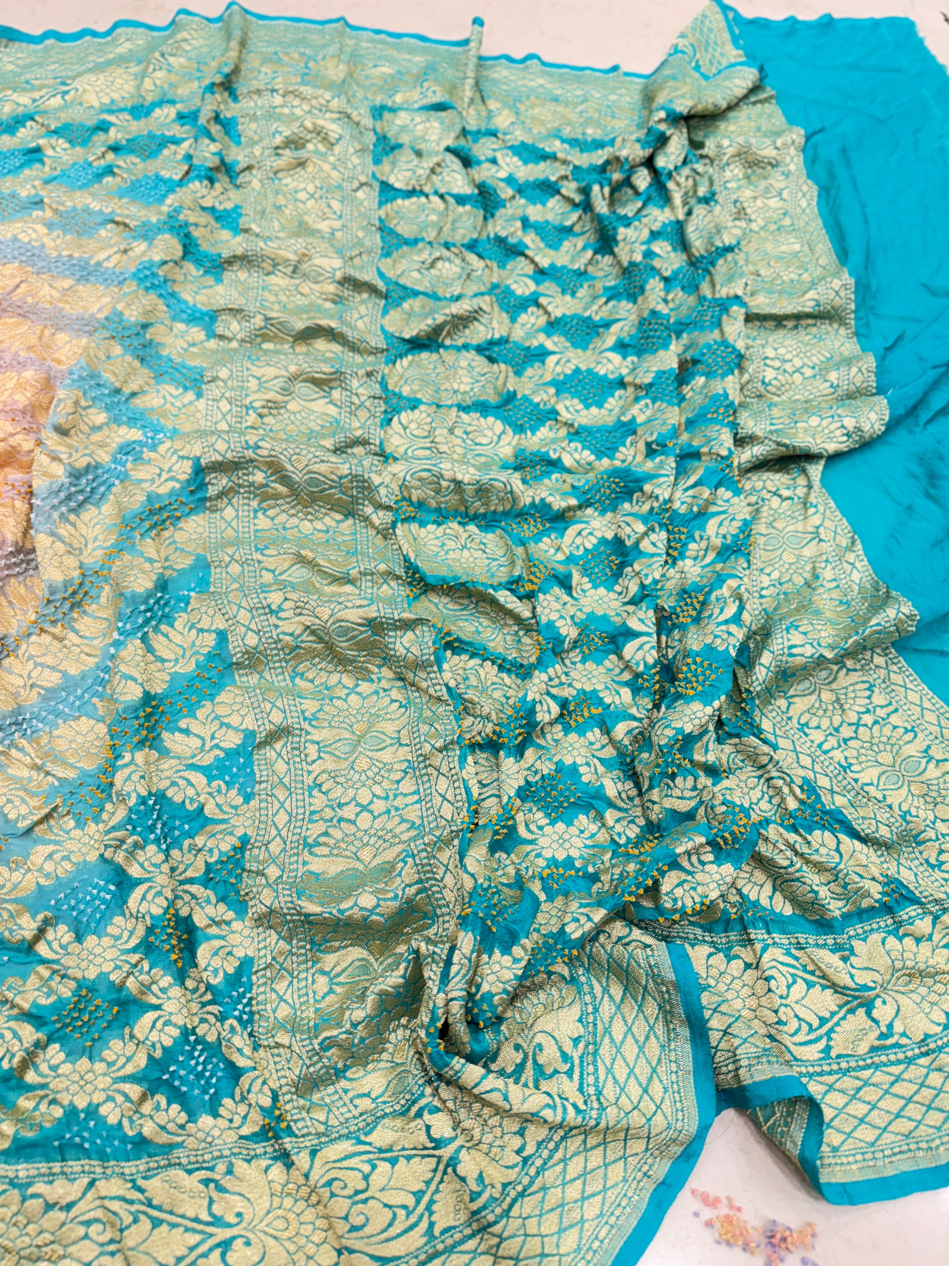 Peach Rama Shaded Bandhej Bandhini Saree