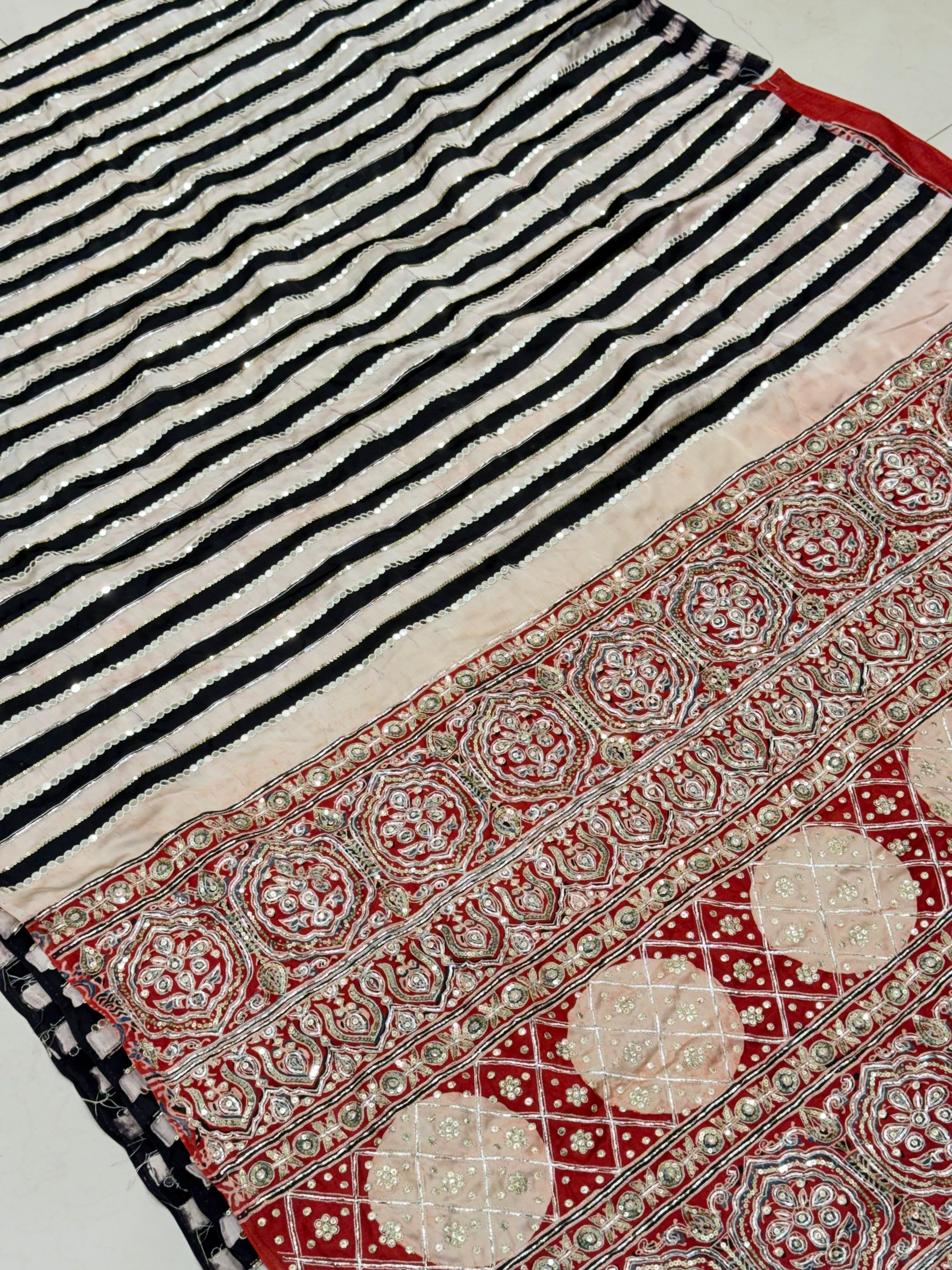 Black White Contemporary Mirror Ajrakh Hand Embroidery Saree