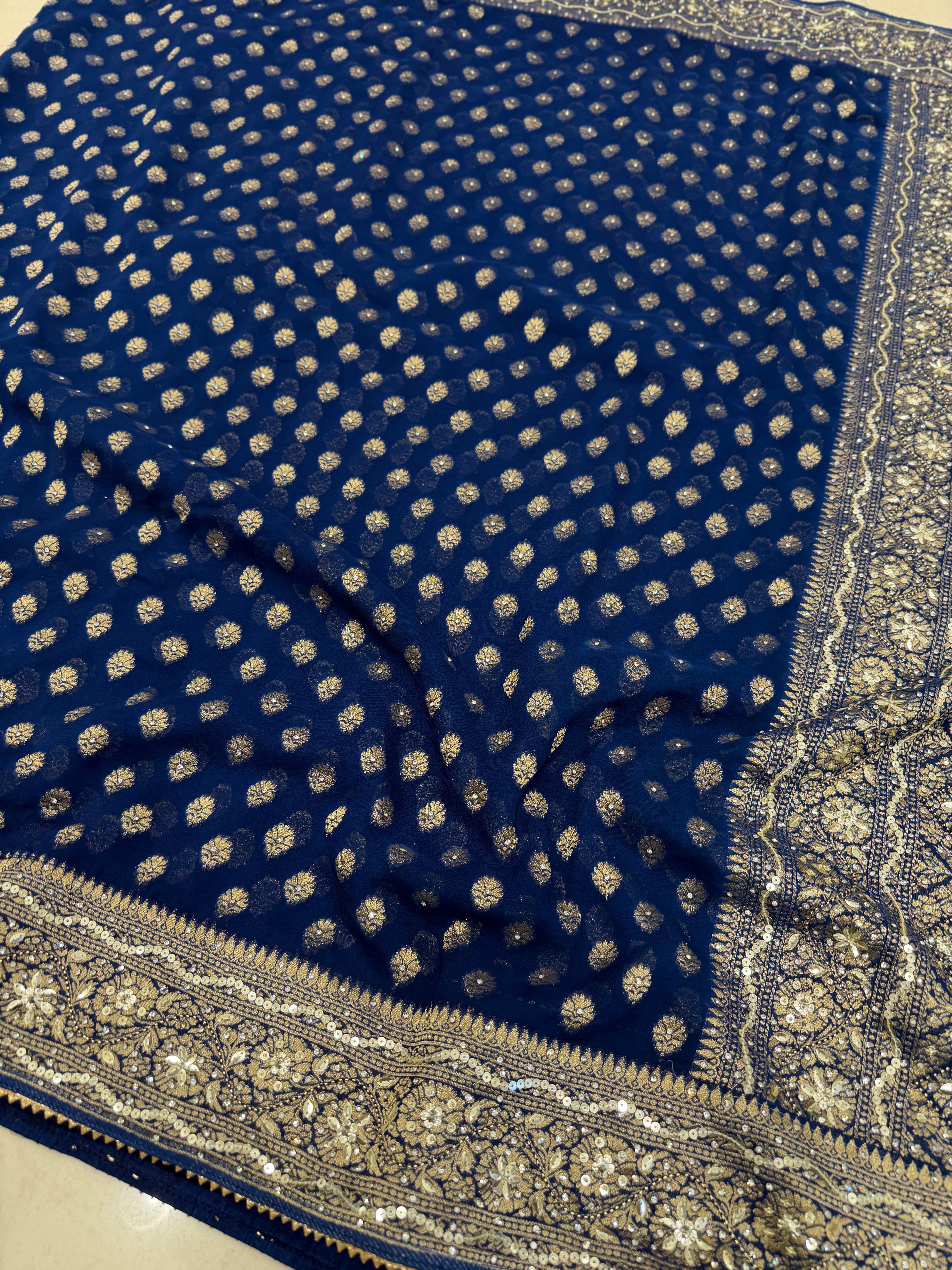 Blue Banarasi Khaddi Georgette Butti Hand Embroidery Sequin Stone Saree