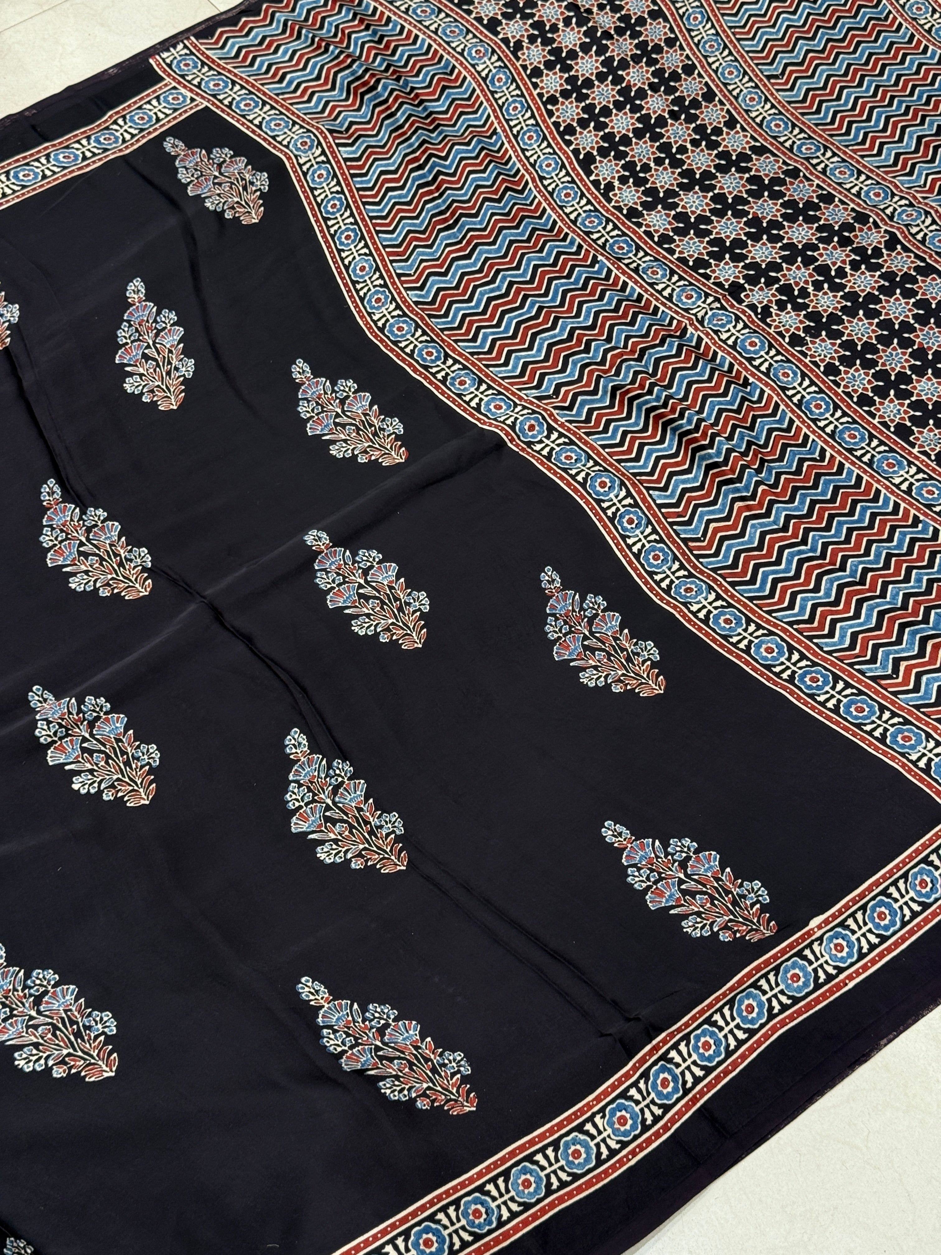 Black Floral Big Buttas Ajrakh Block Print Hand Pure Gajji Silk Saree