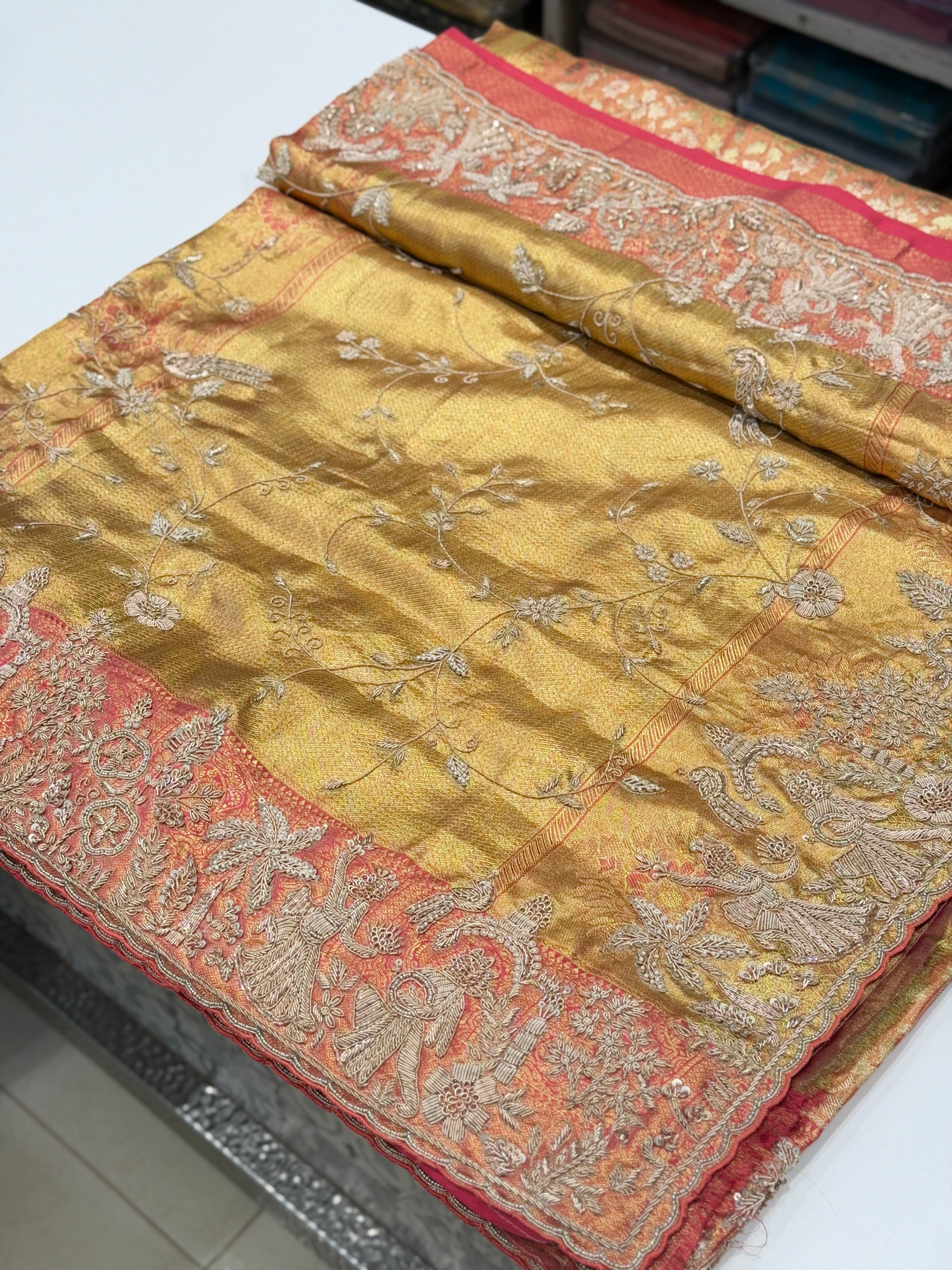 Rose Tissue Kanjivaram Zardosi Hand Embroidery Doli Edit Saree