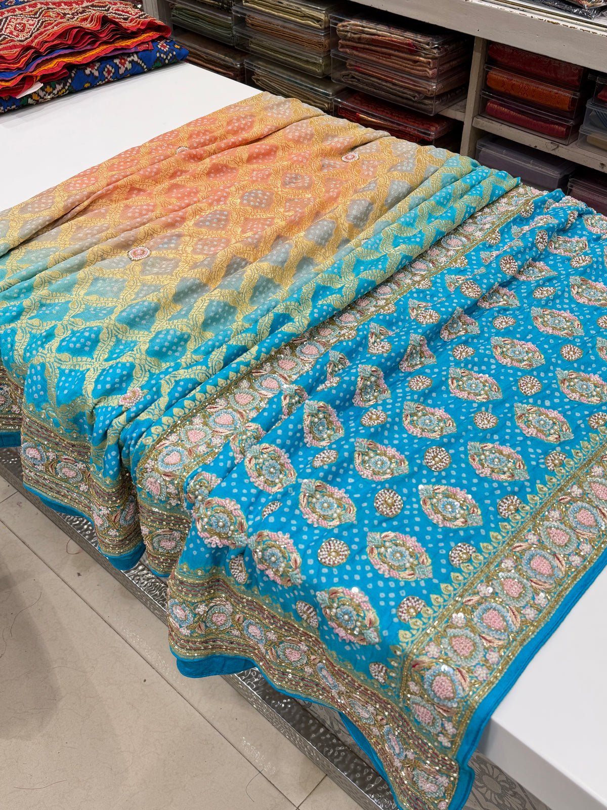 Pastel Shaded Bandhej Hand Embroidery Moti Zardosi Saree