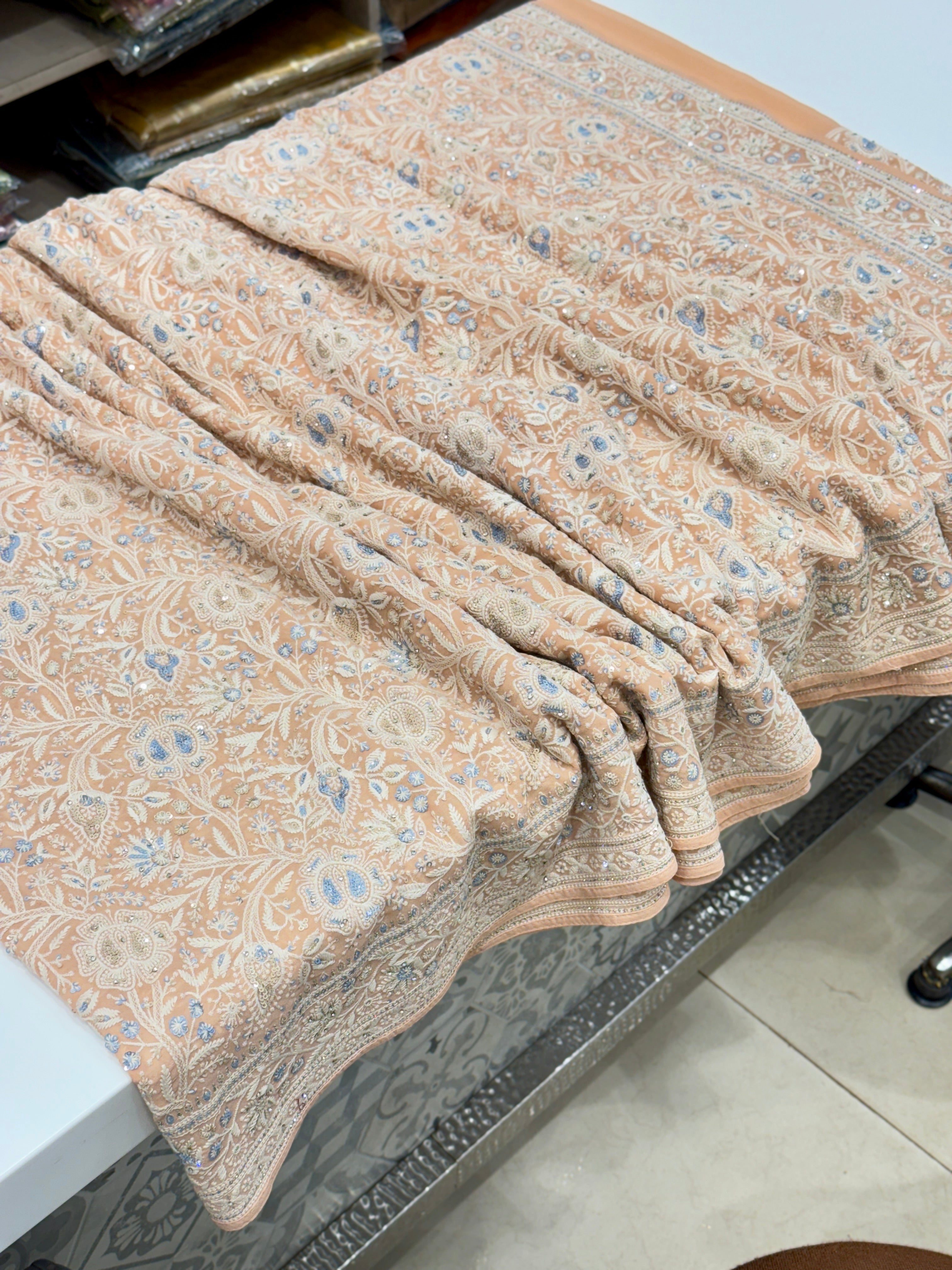 Light Peach Chikankari Saree Floral Design