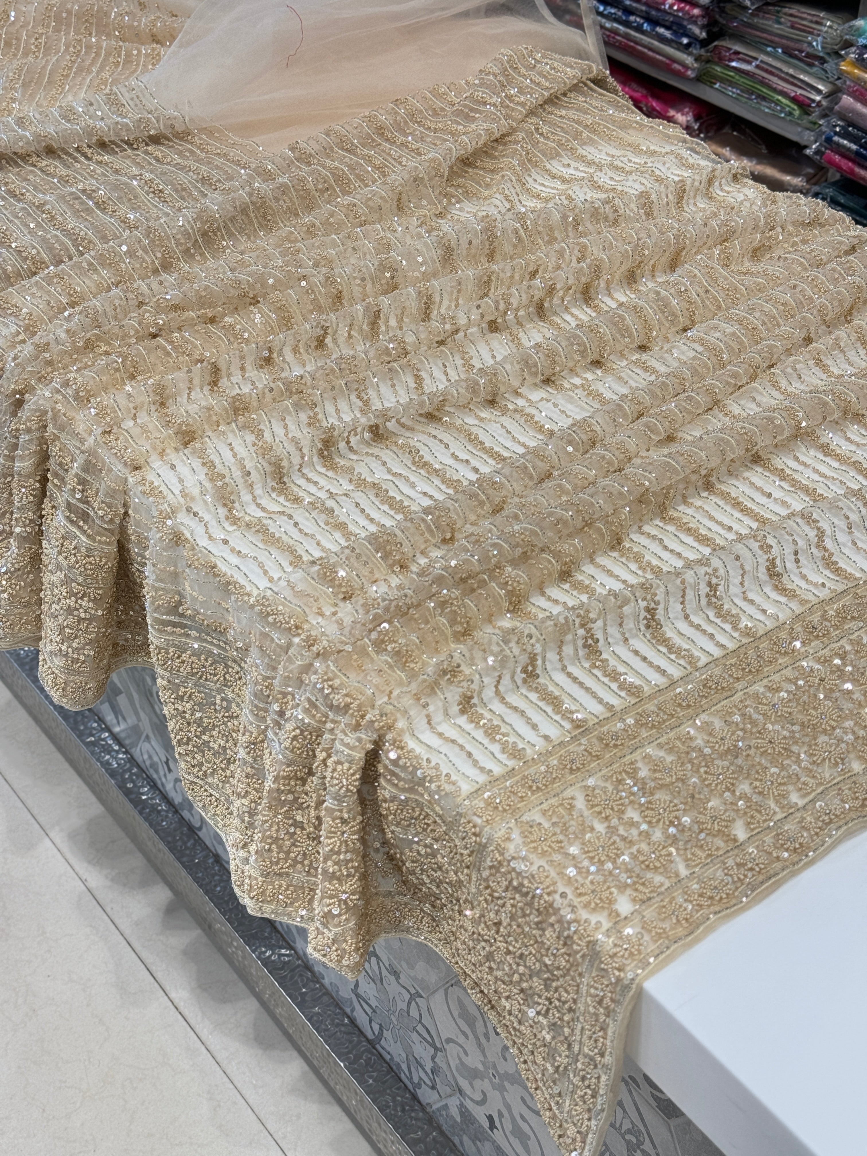 Beige Net Heavy Embroidery Saree