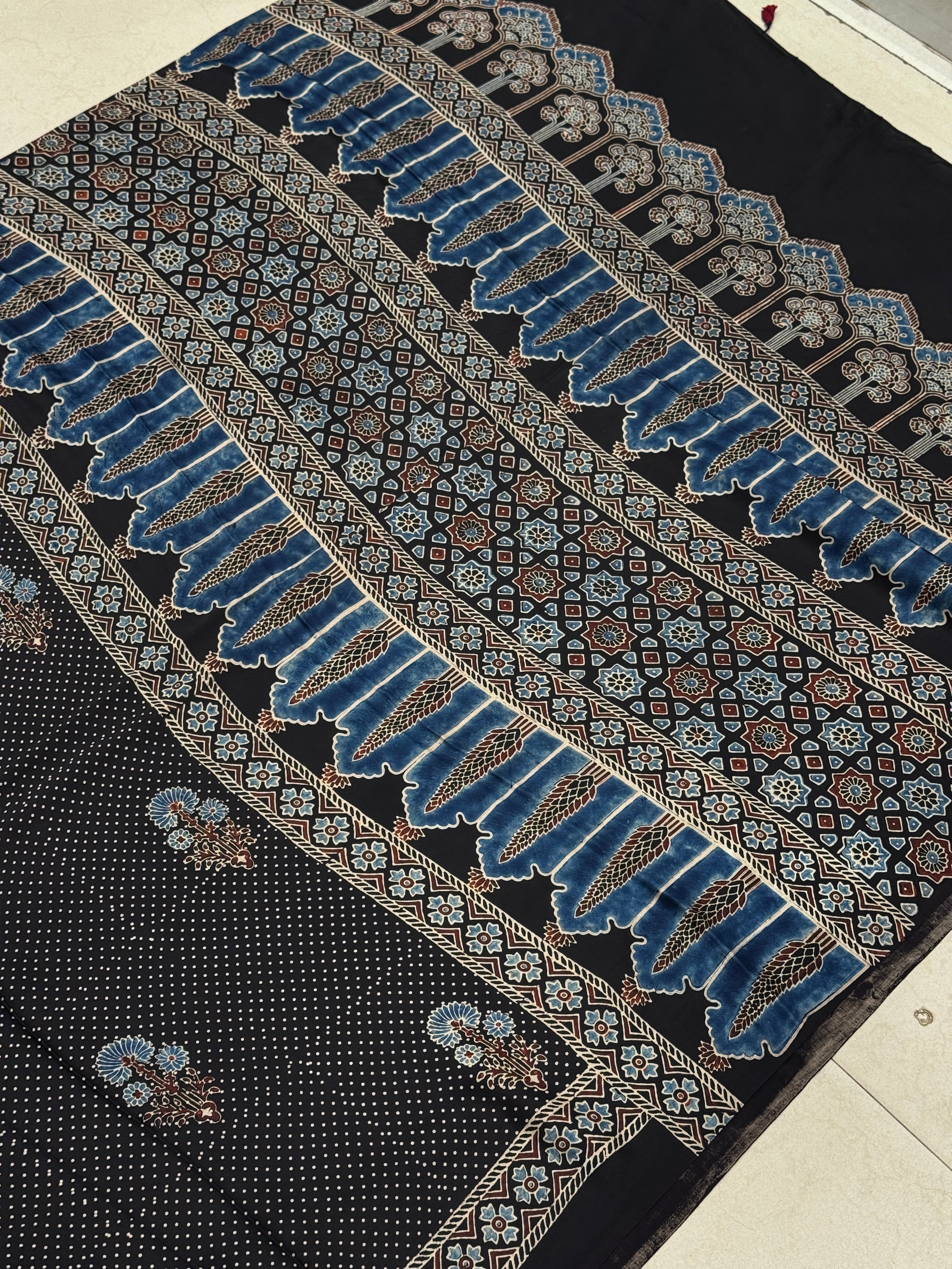 Black Floral Butti Dot Ajrakh Hand Block Print Pure Gajji Silk Saree