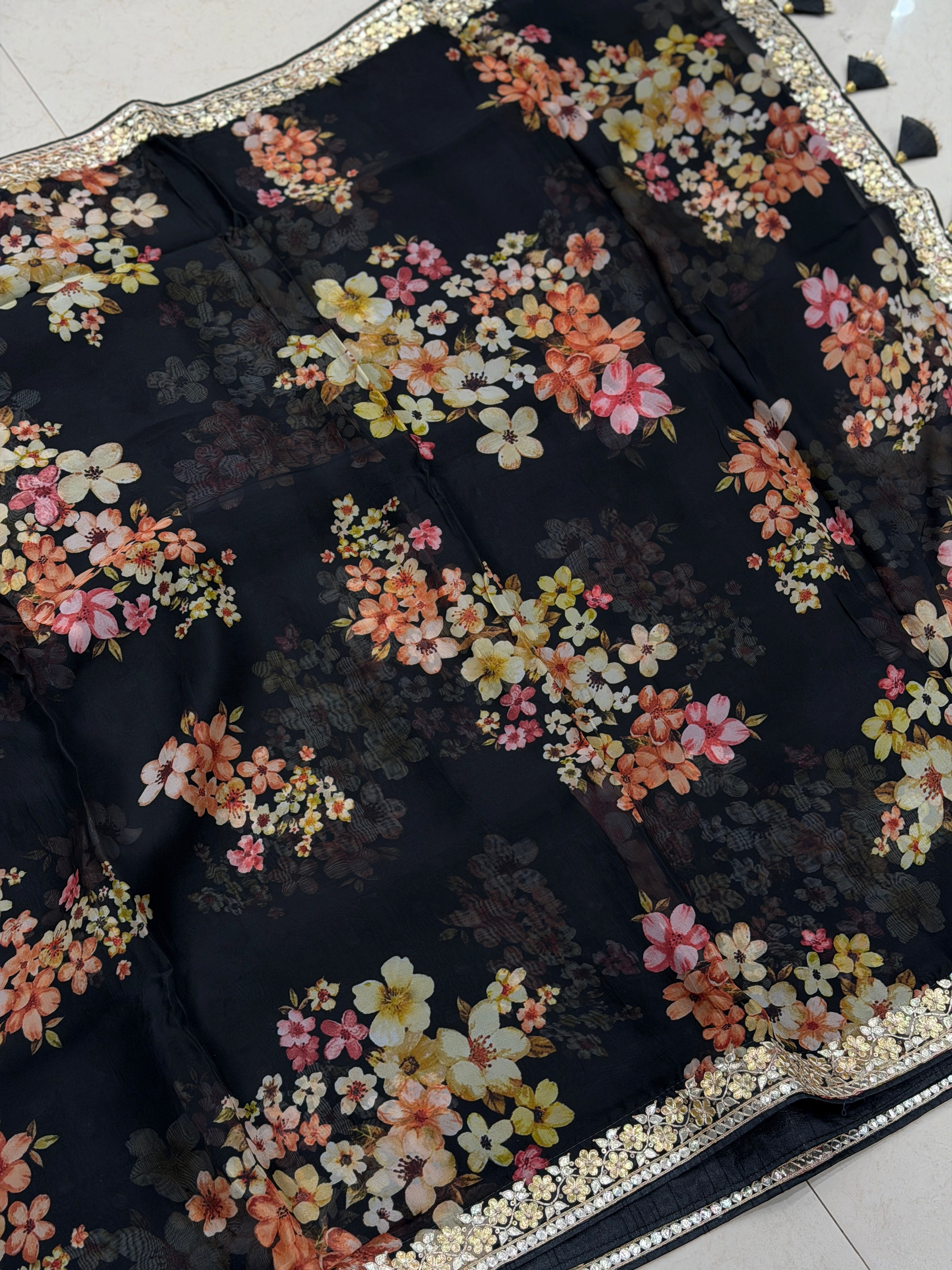 Black Soft Organza Printed Hand Embroidery Gotapatti Pita Embroidery Saree