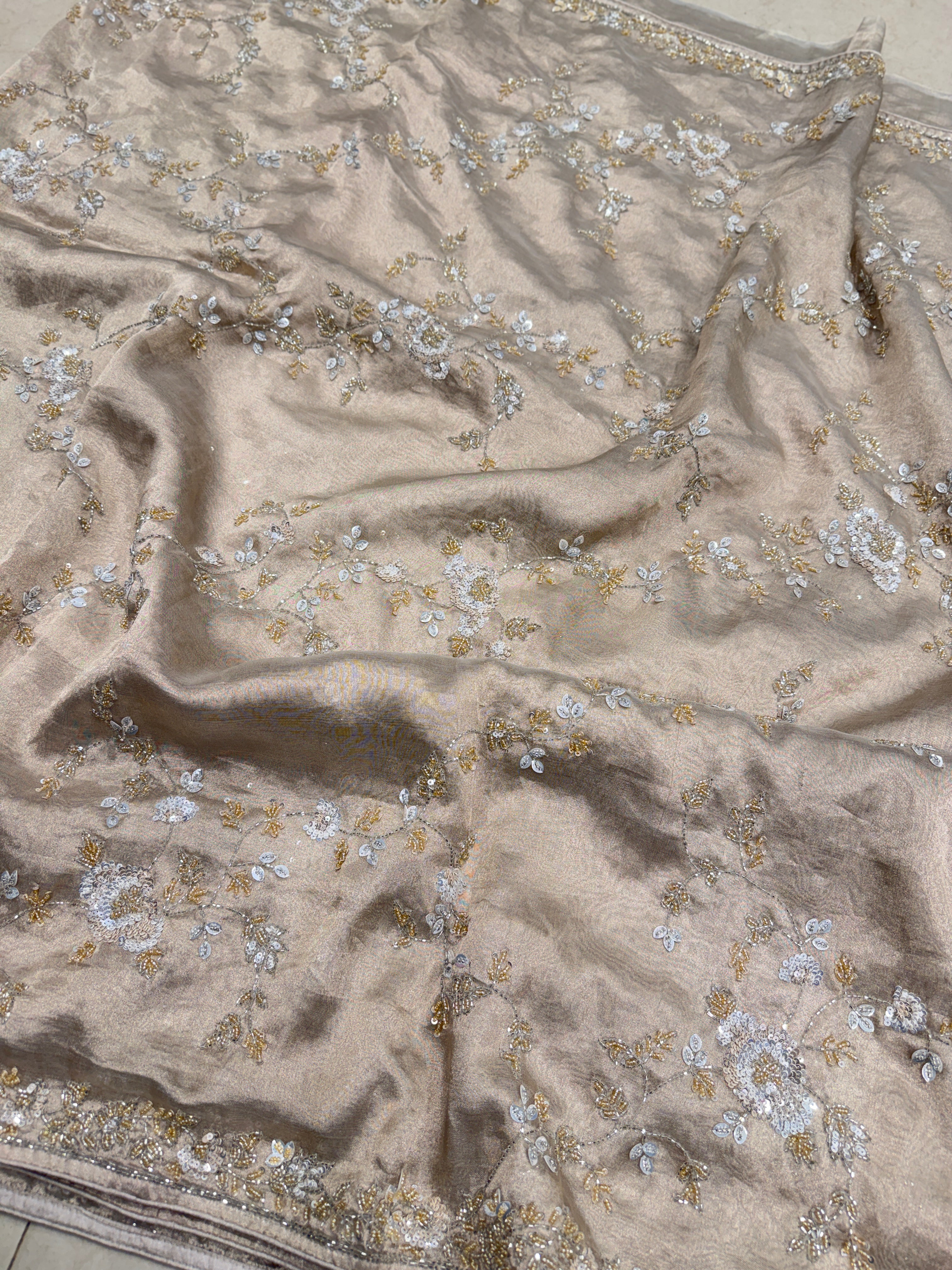 Rosegold Silver Pure Tissue Silk Sequin Moti Hand Embroidery Saree