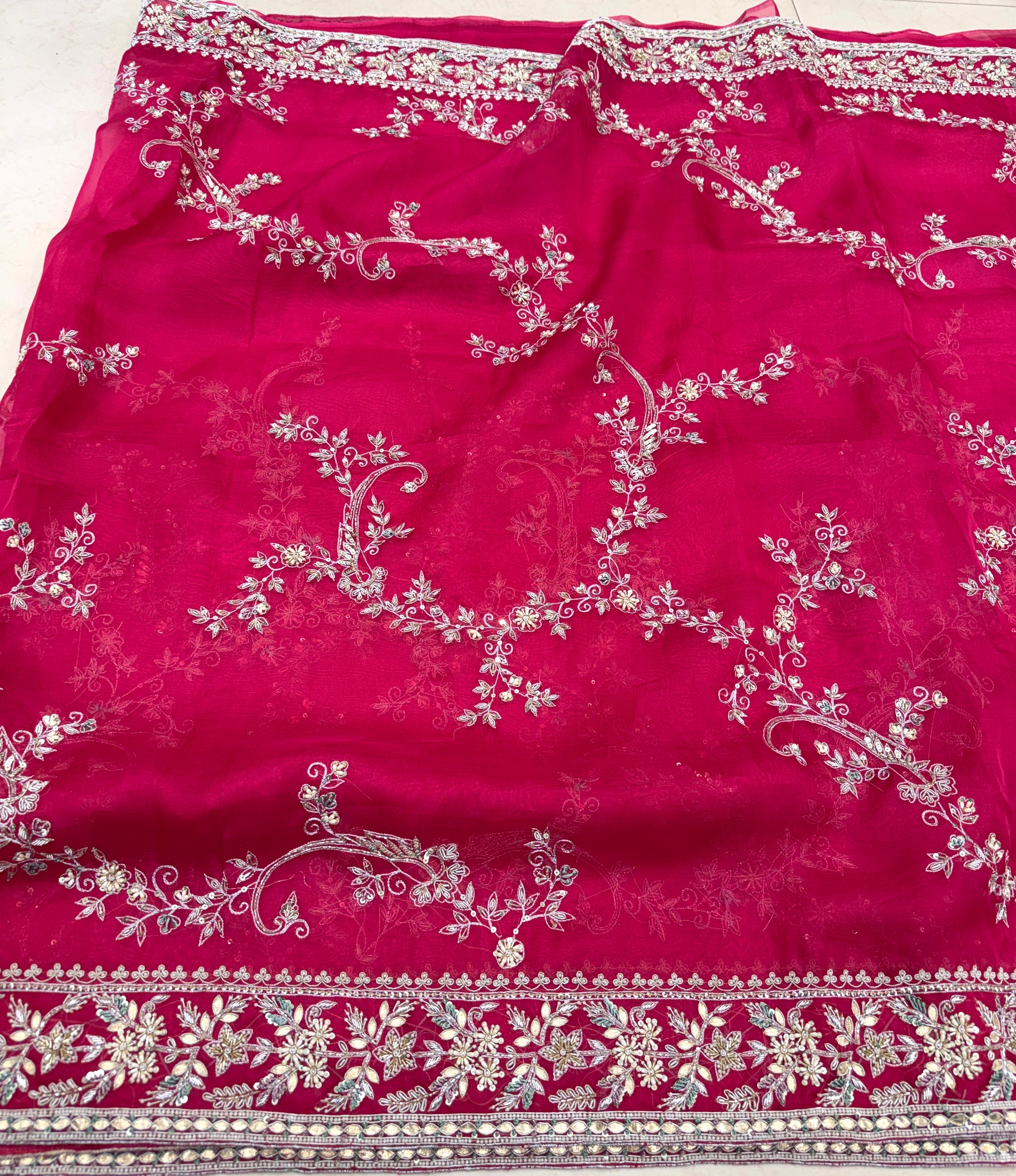 Rani Pink Organza Zardosi Gota Resham Hand Embroidery Saree