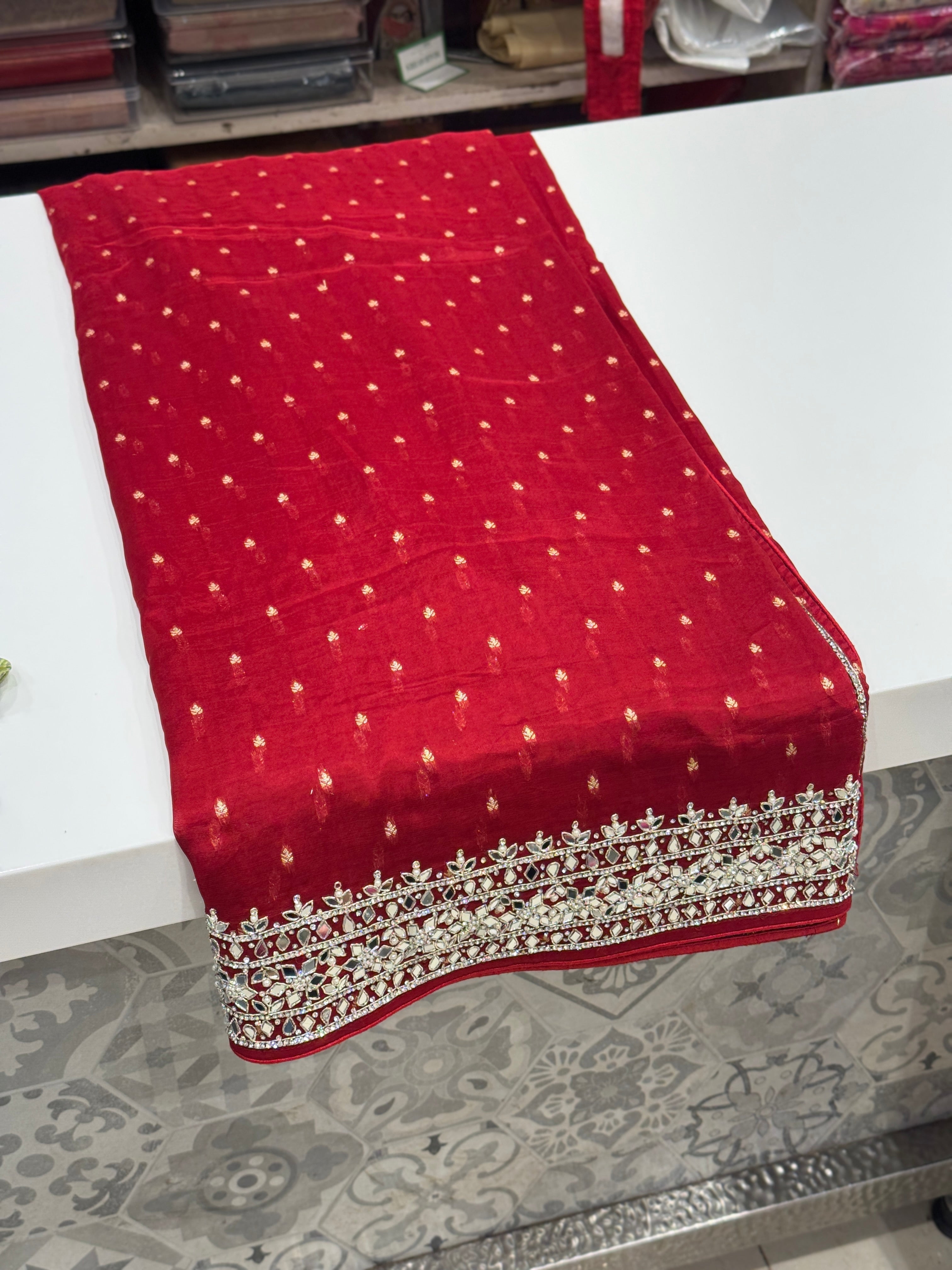 Red Satin Organza Mirror Hand Embroidery Saree