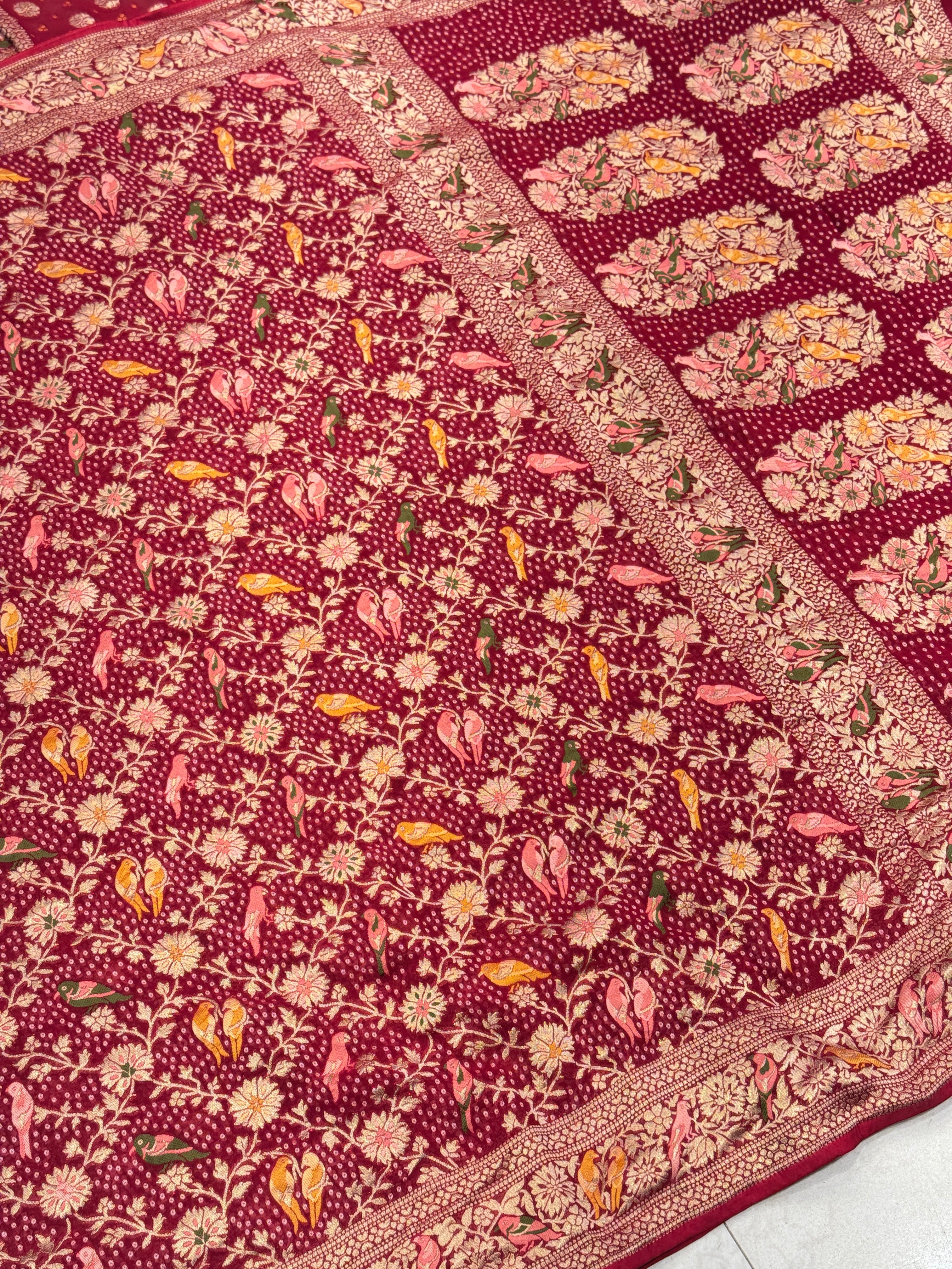Red Woven Bandhej Meenakari Parrot Motif Saree