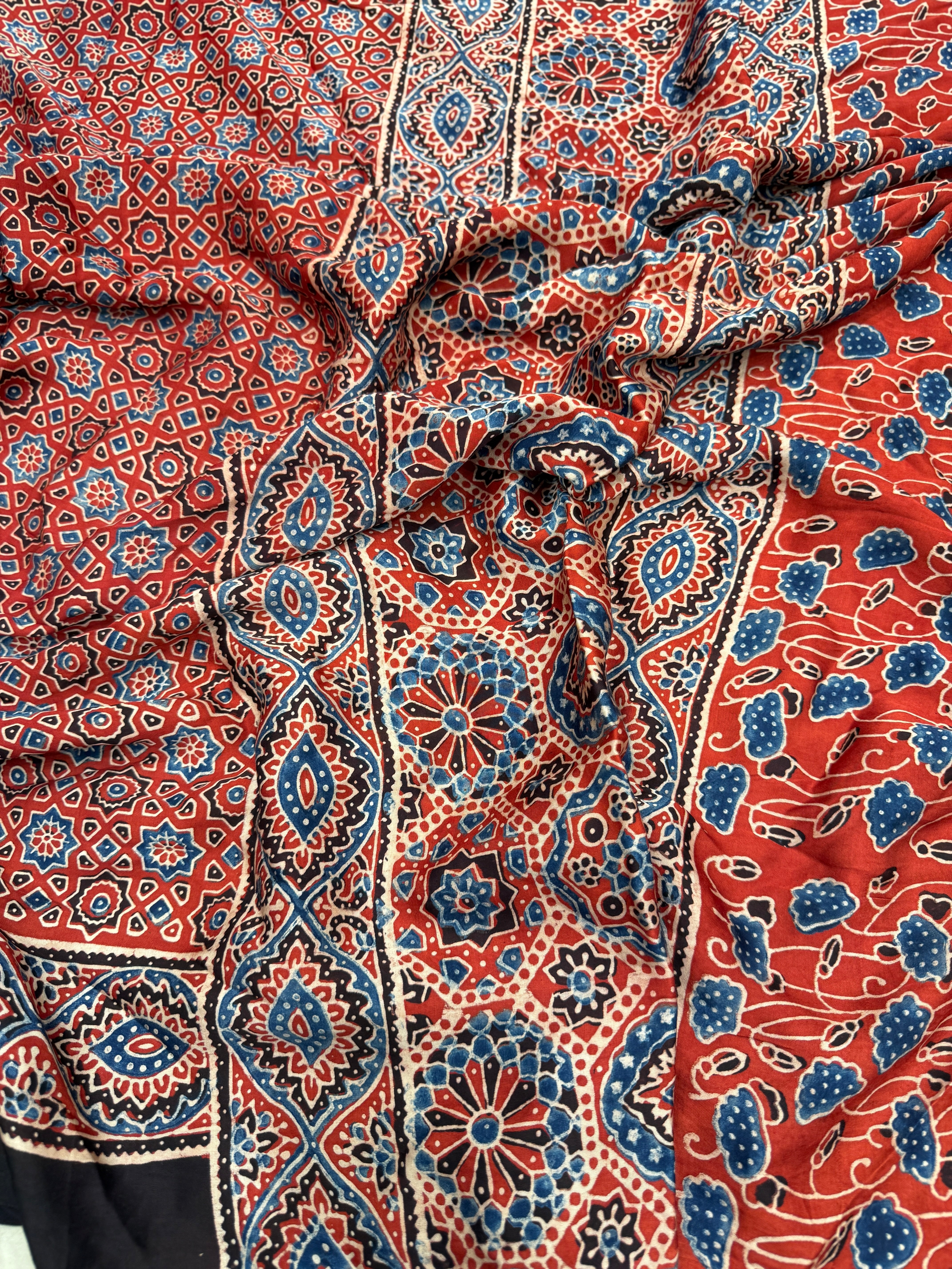 Red Star Butti Ajrakh Block Print Hand Pure Gajji Silk Saree