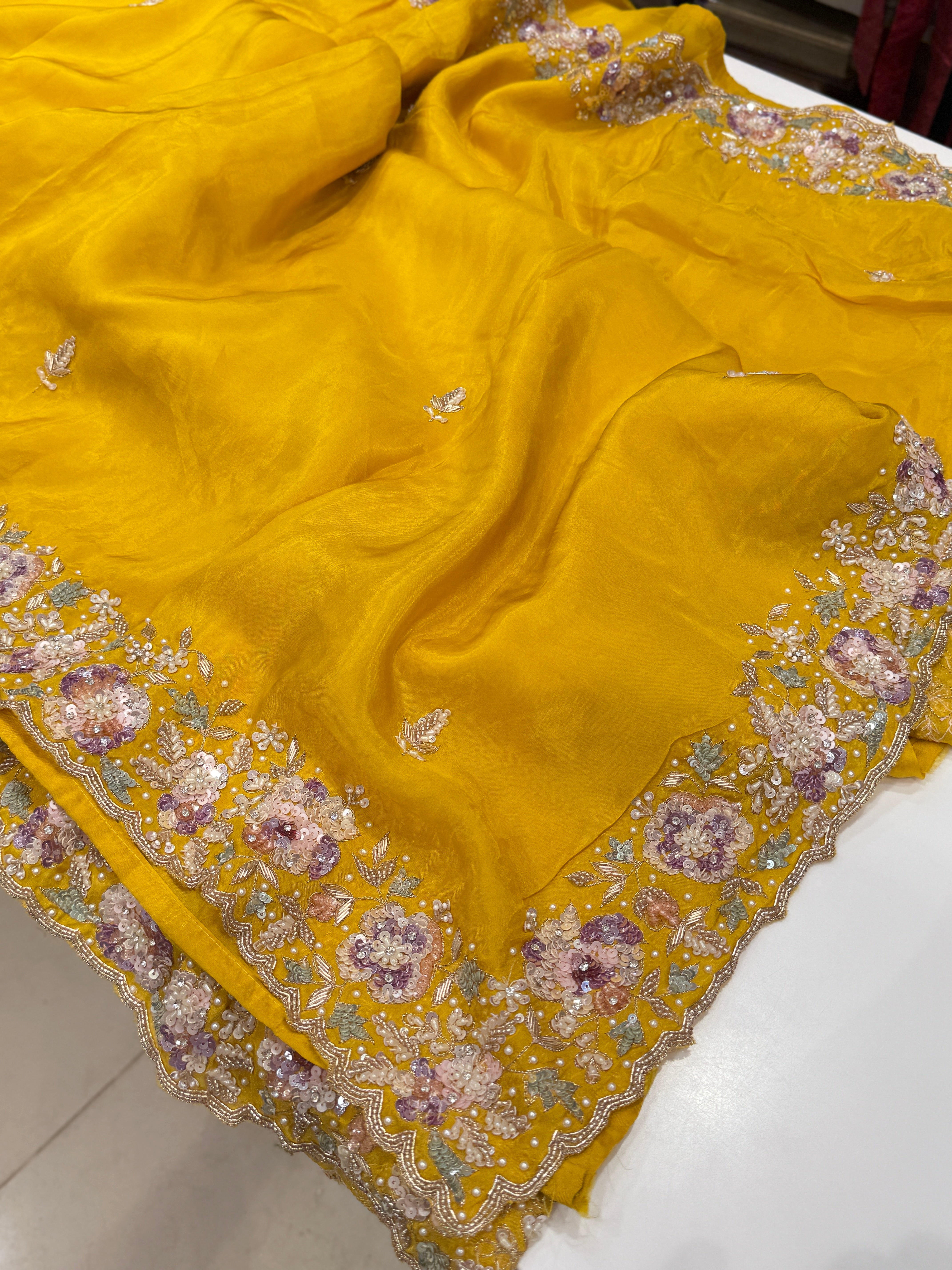 Yellow Soft Silk Zardosi Fancy Hand Embroidery Saree