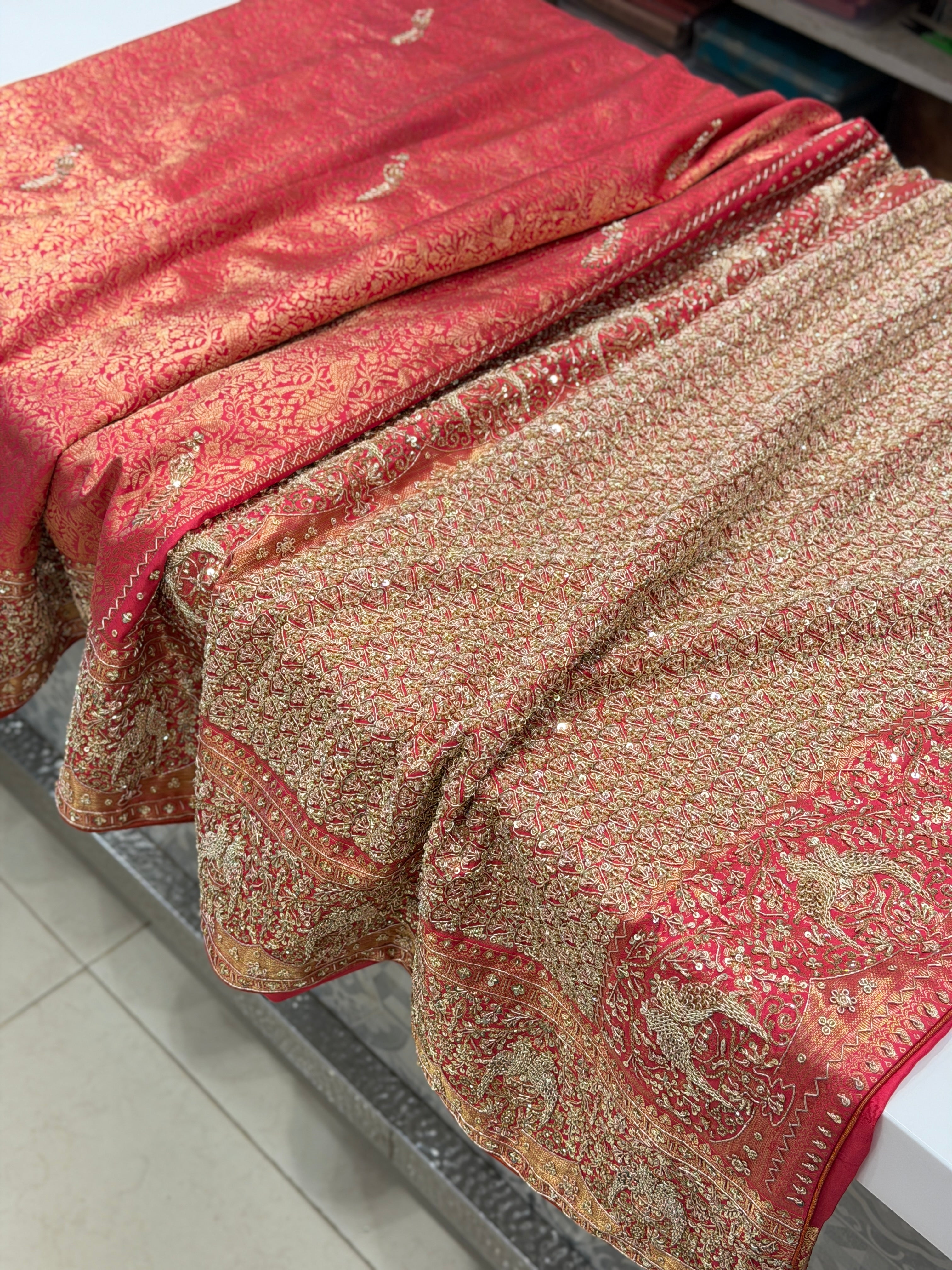 Crimson Kanjivaram Parrot Motif Hand Embroidery Zardosi Saree