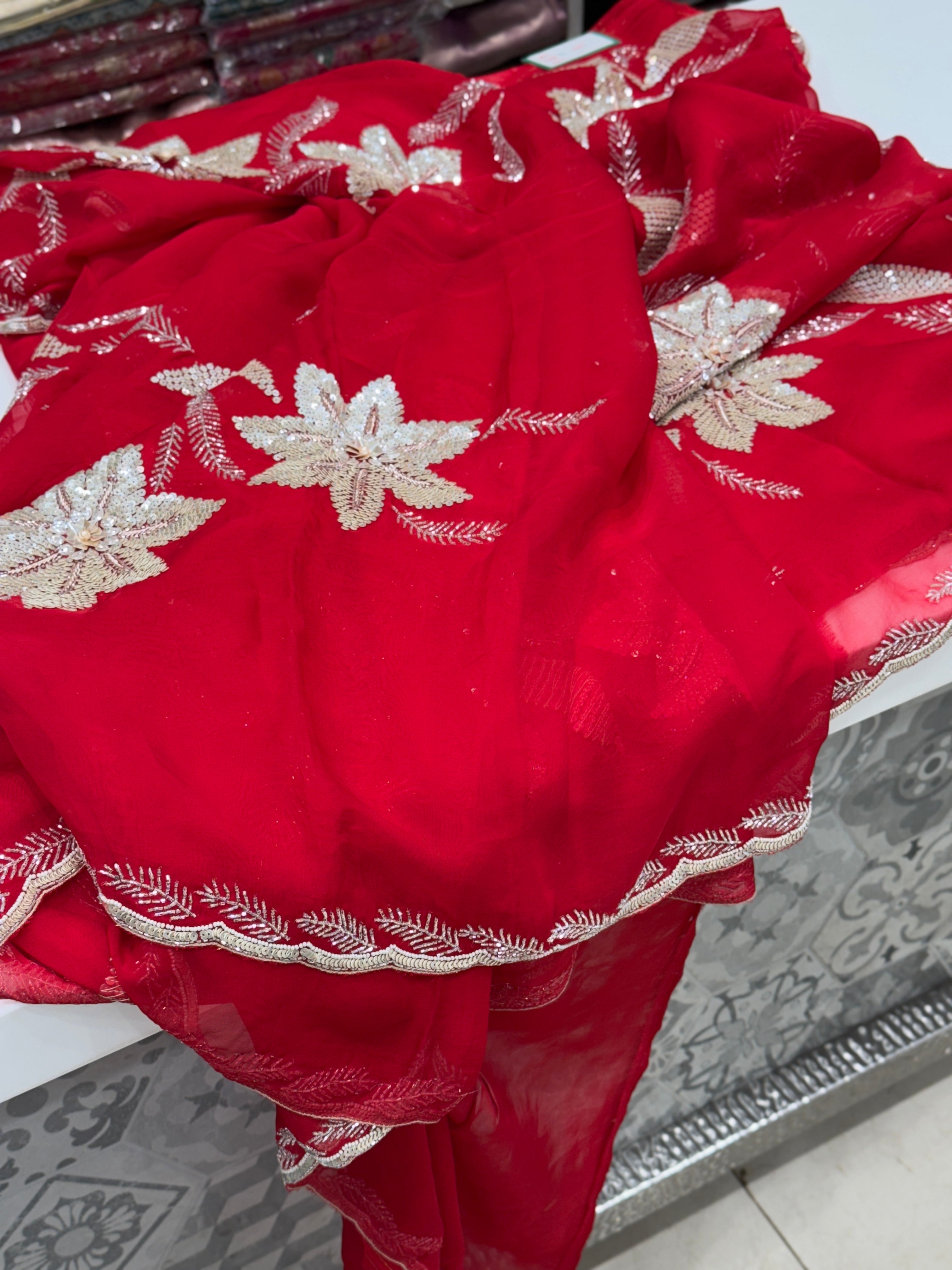 Red Satin Organza Floral Embroidery Saree