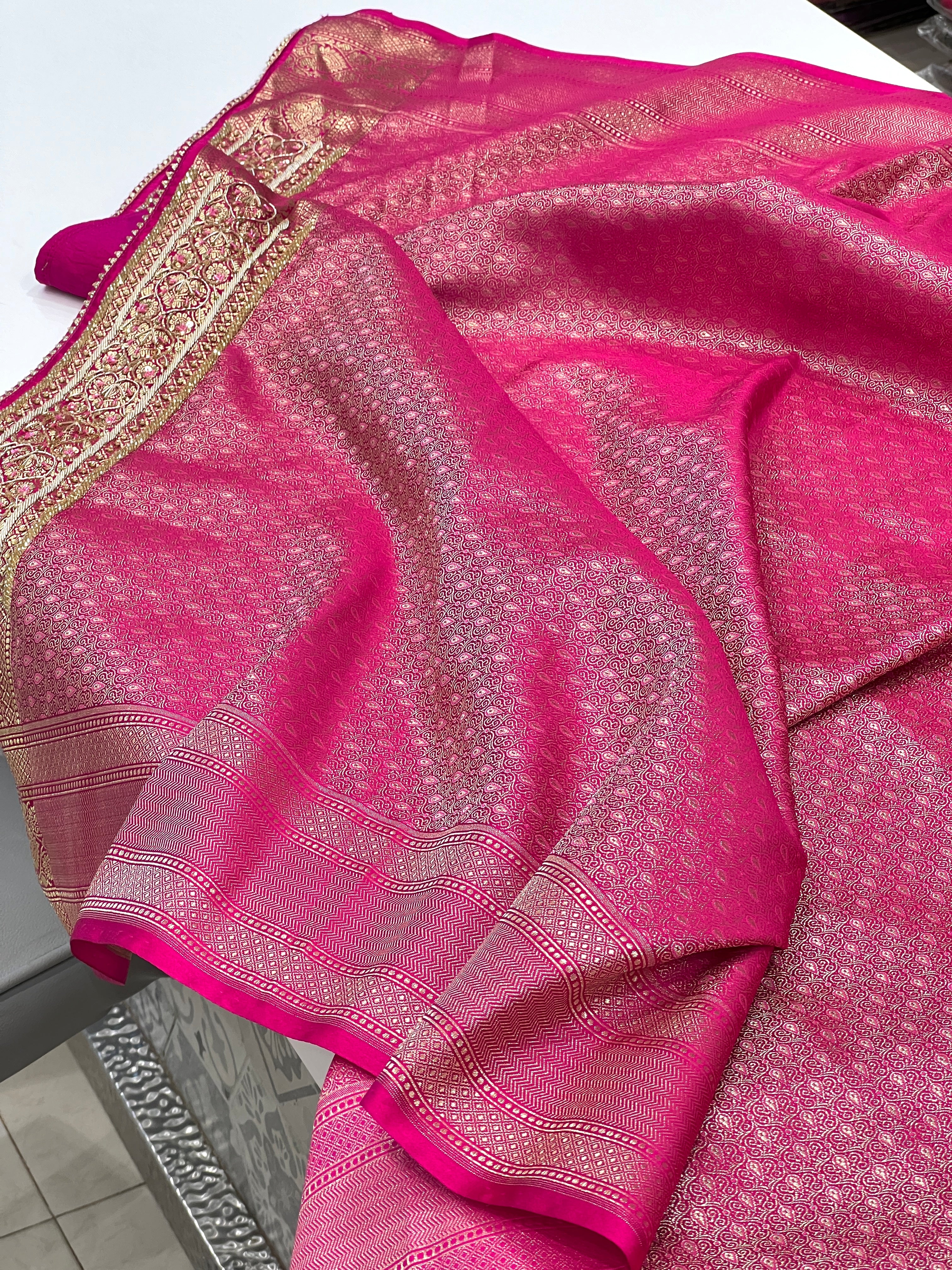 Rani Banarasi Silk Jaal Zardosi Embroidery Saree