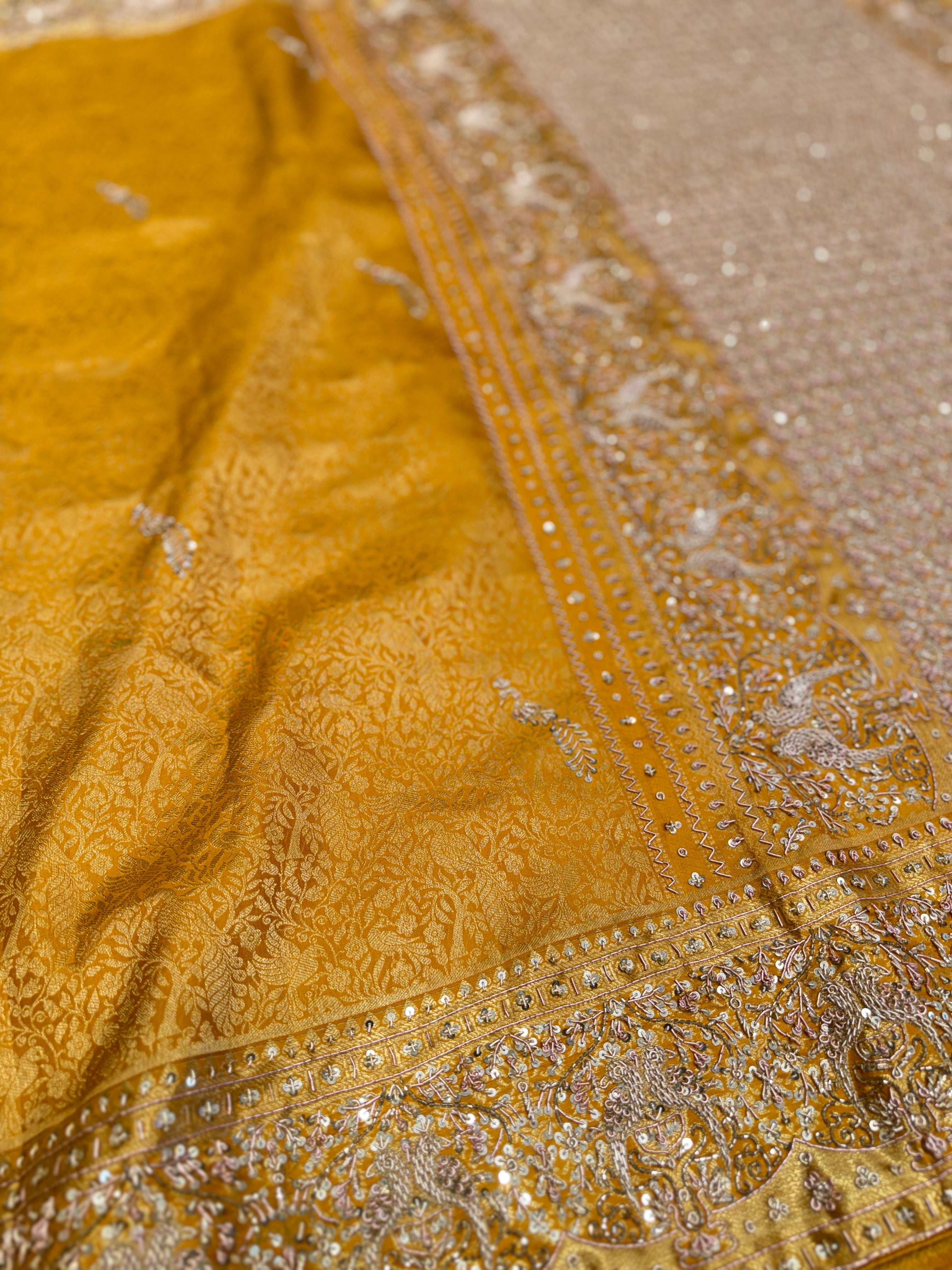 Mustard Yellow Kanjivaram Peacock Moti Hand Embroidery Zardosi Saree
