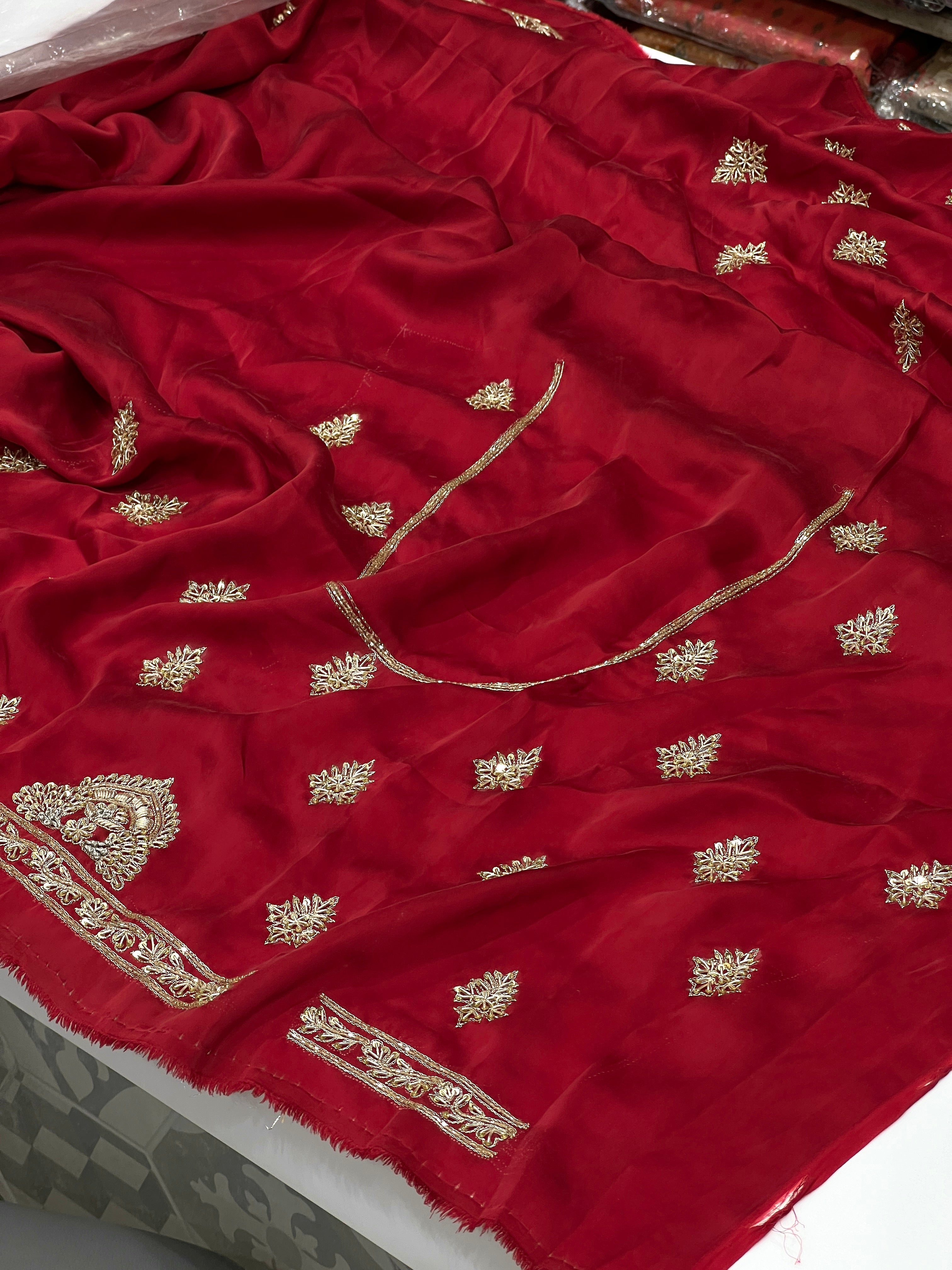 Red Satin Zardosi Hand Embroidery Saree
