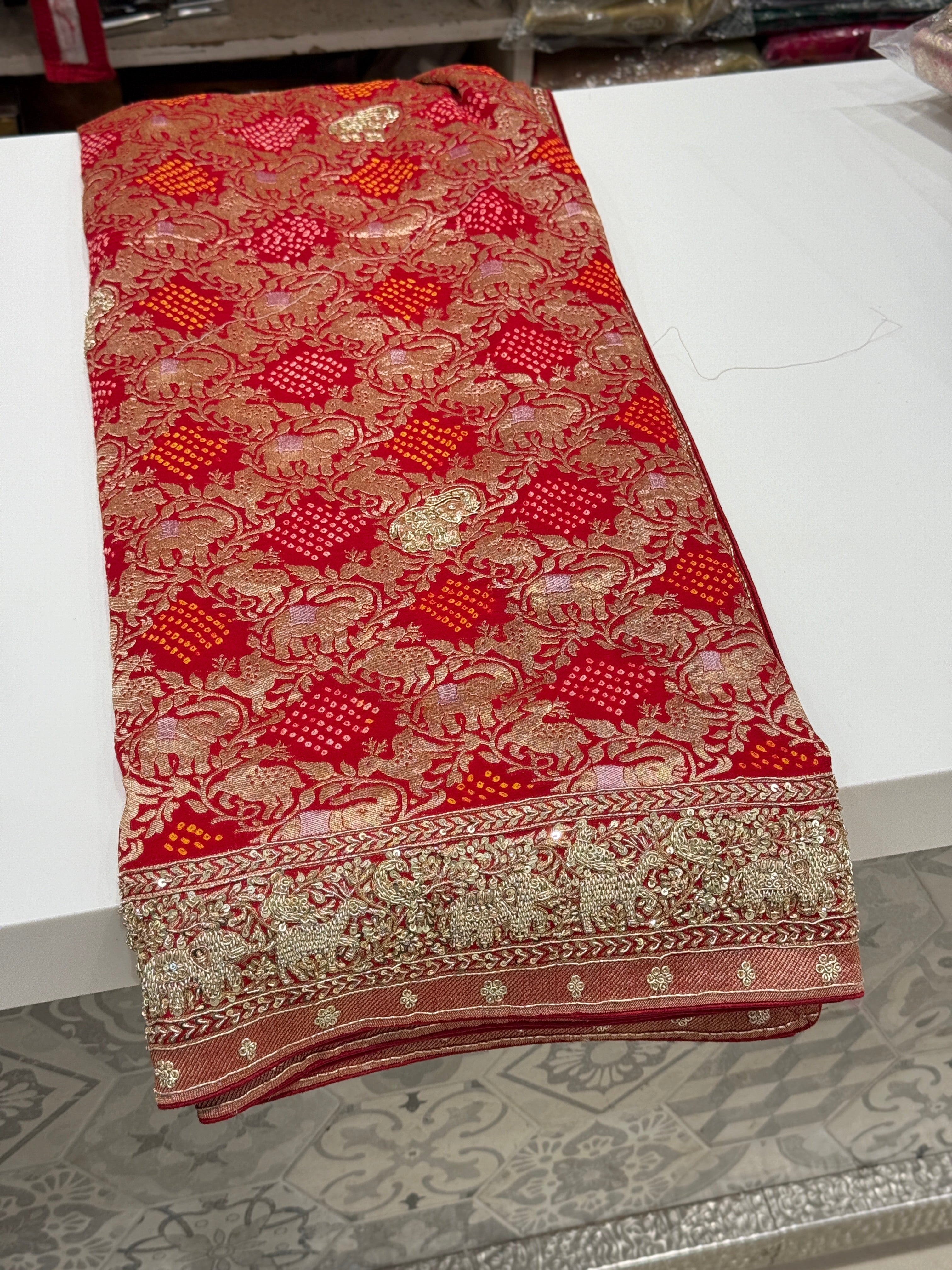 Red Shikara Sona Roopa Rai Bandhej Georgette Zardosi Hand Embroidery Saree