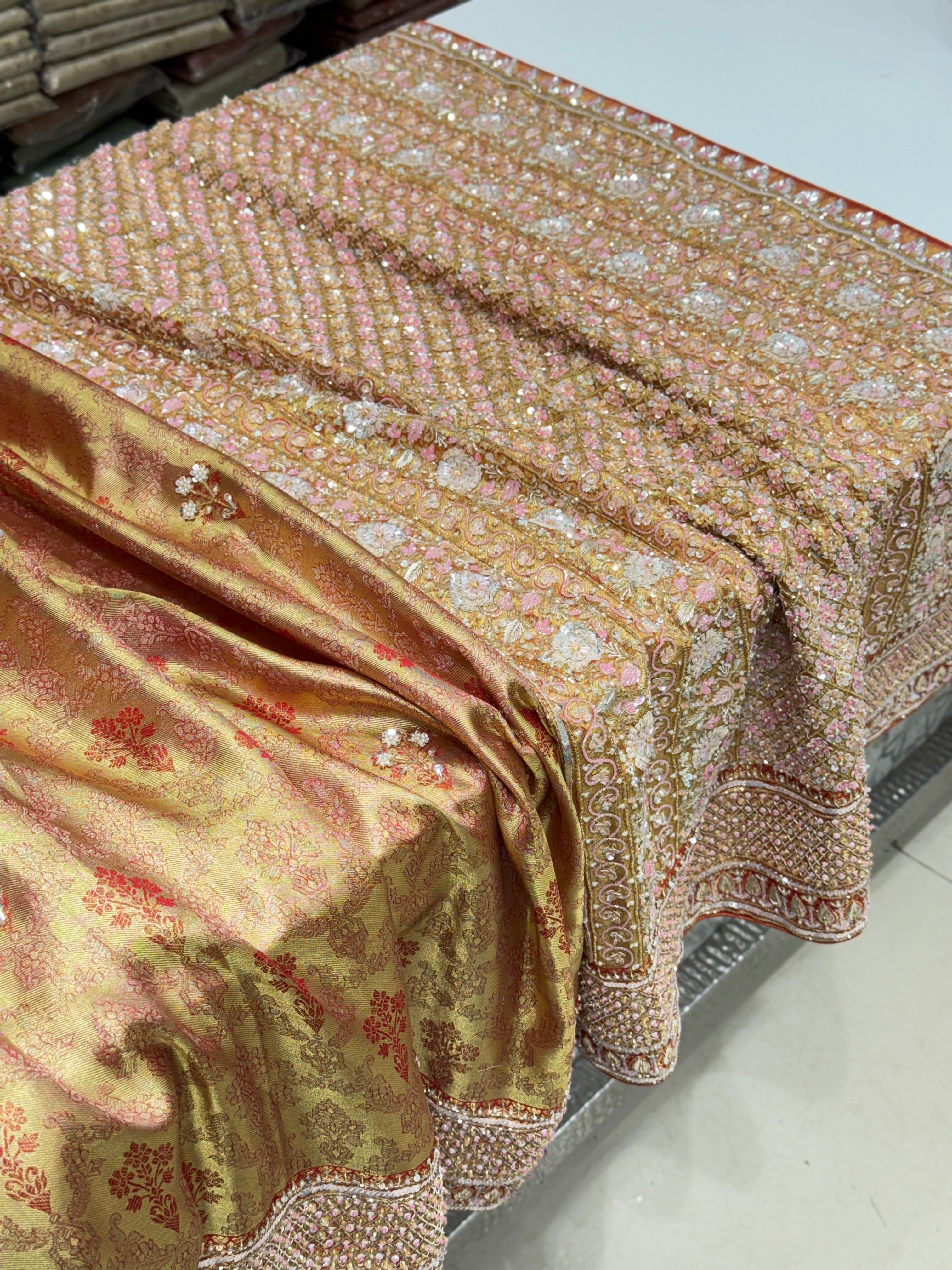 Red Jaal Tissue Kanjivaram Hand Embroidery Saree