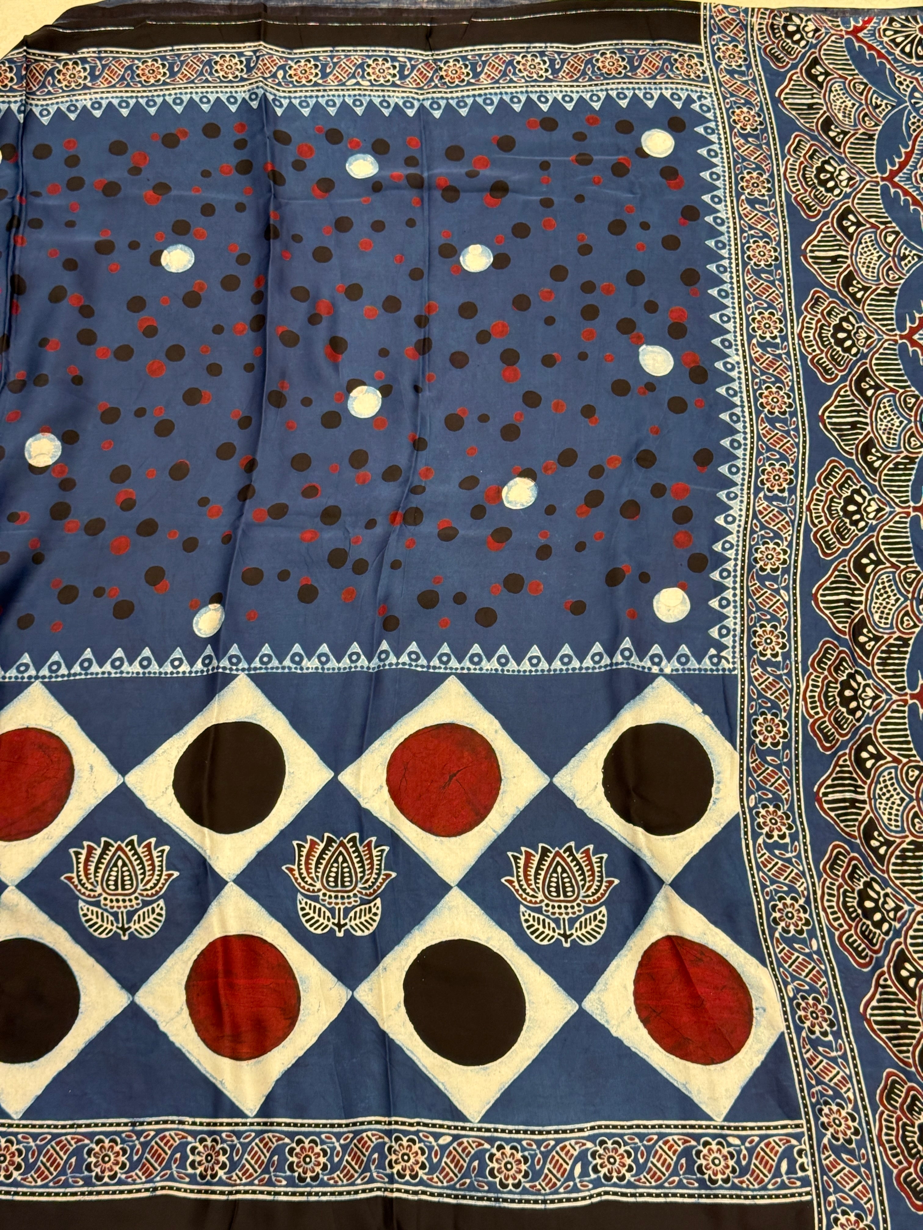 Blue Polka Dots Ajrakh Block Print Hand Pure Gajji Silk Saree
