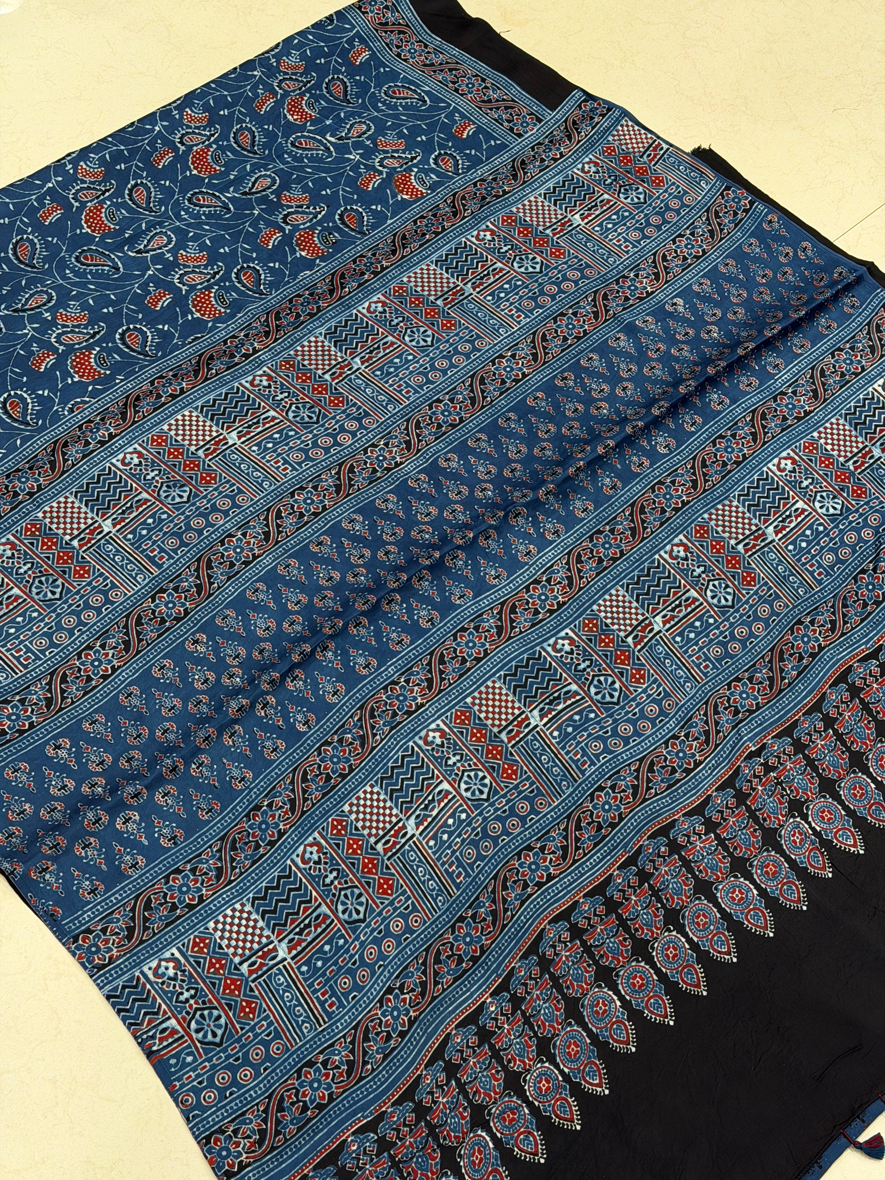 Blue Keari Jaal Ajrakh Hand Block Print Pure Modal Silk Saree