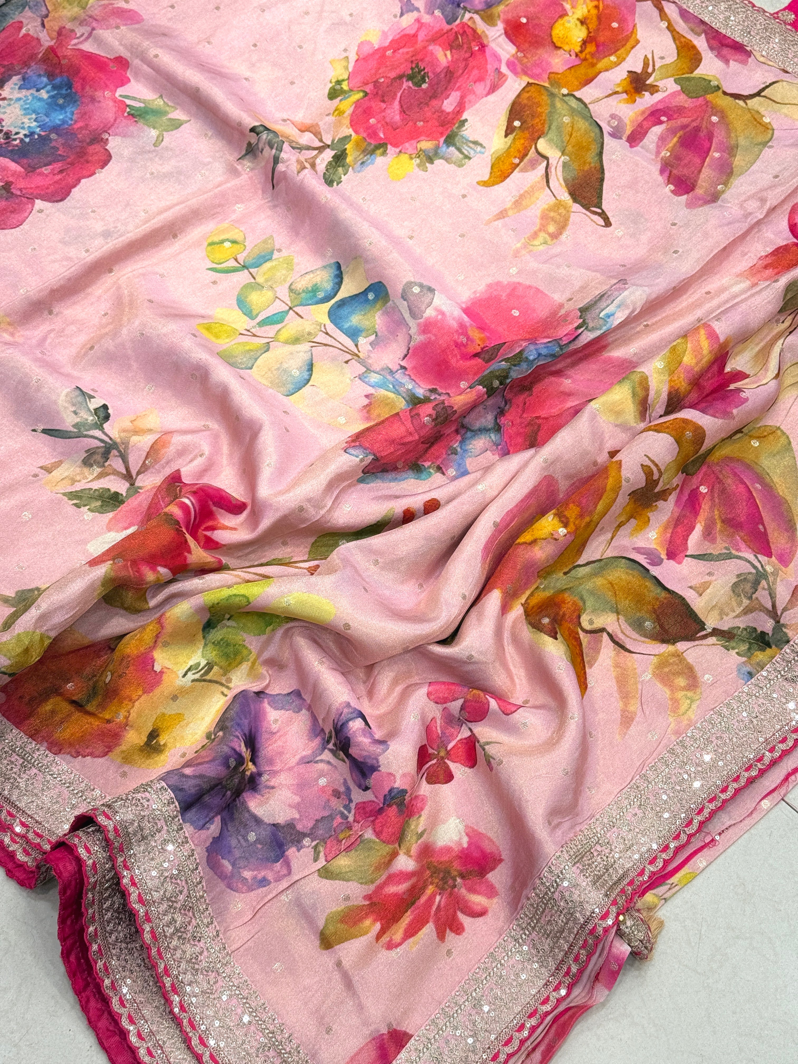 Pink Printed Crepe Tissue Sabyasachi Inspired Border Saree