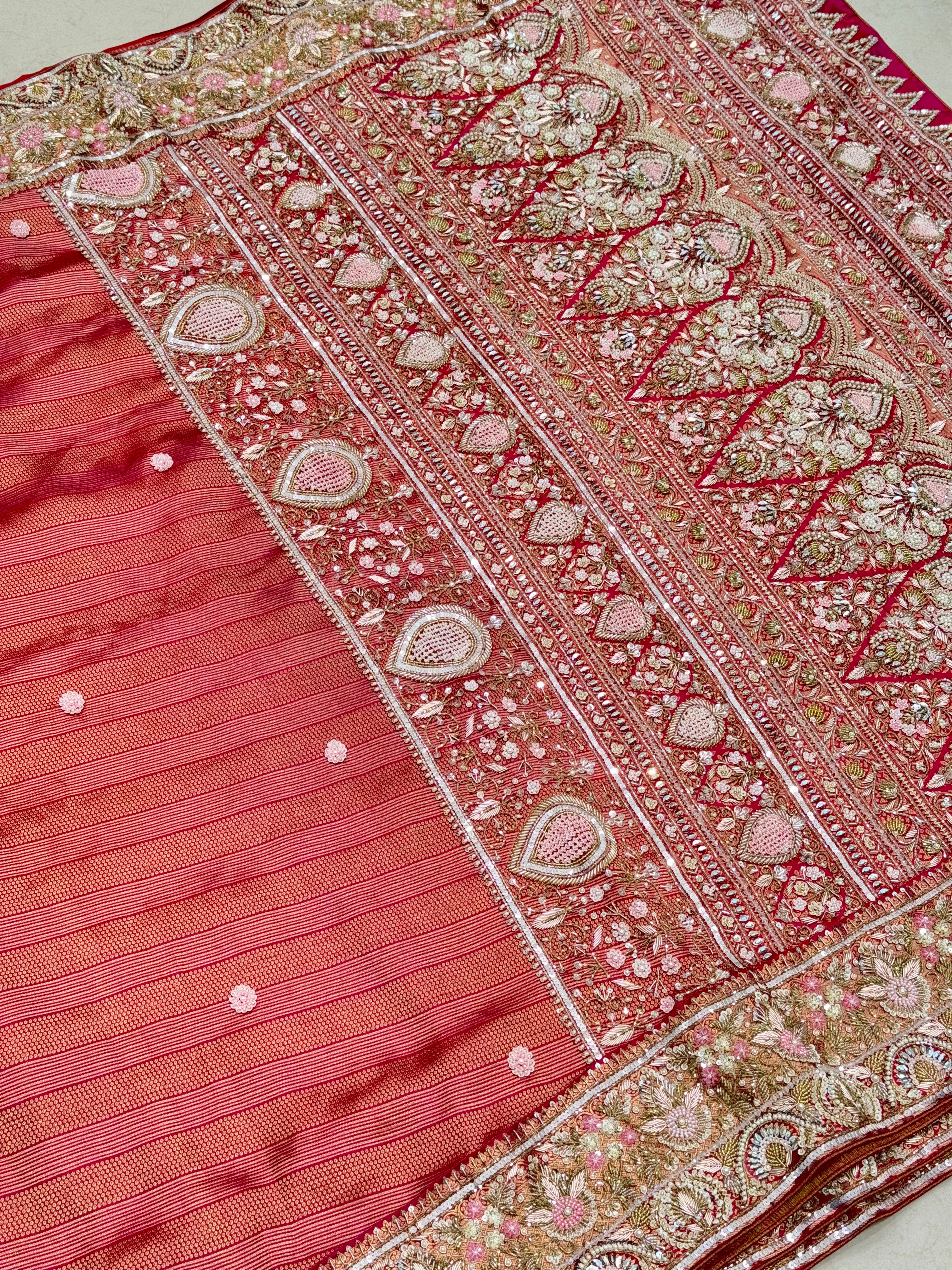 Rani Pink Kanjivaram Leheriya Weave Moti Zardosi Hand Embroidery Saree