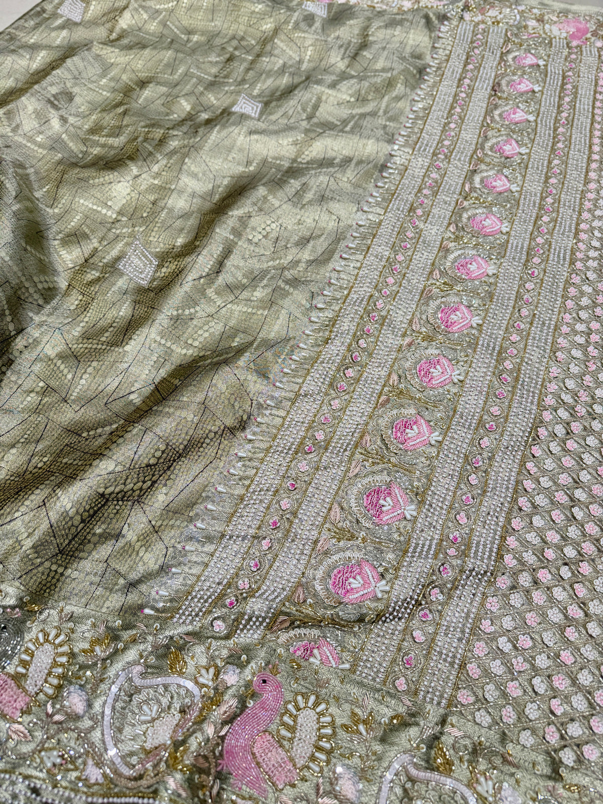 Green Silver Kanjivaram Three Zari Hand Embroidery Zardosi Moti Sequin Saree