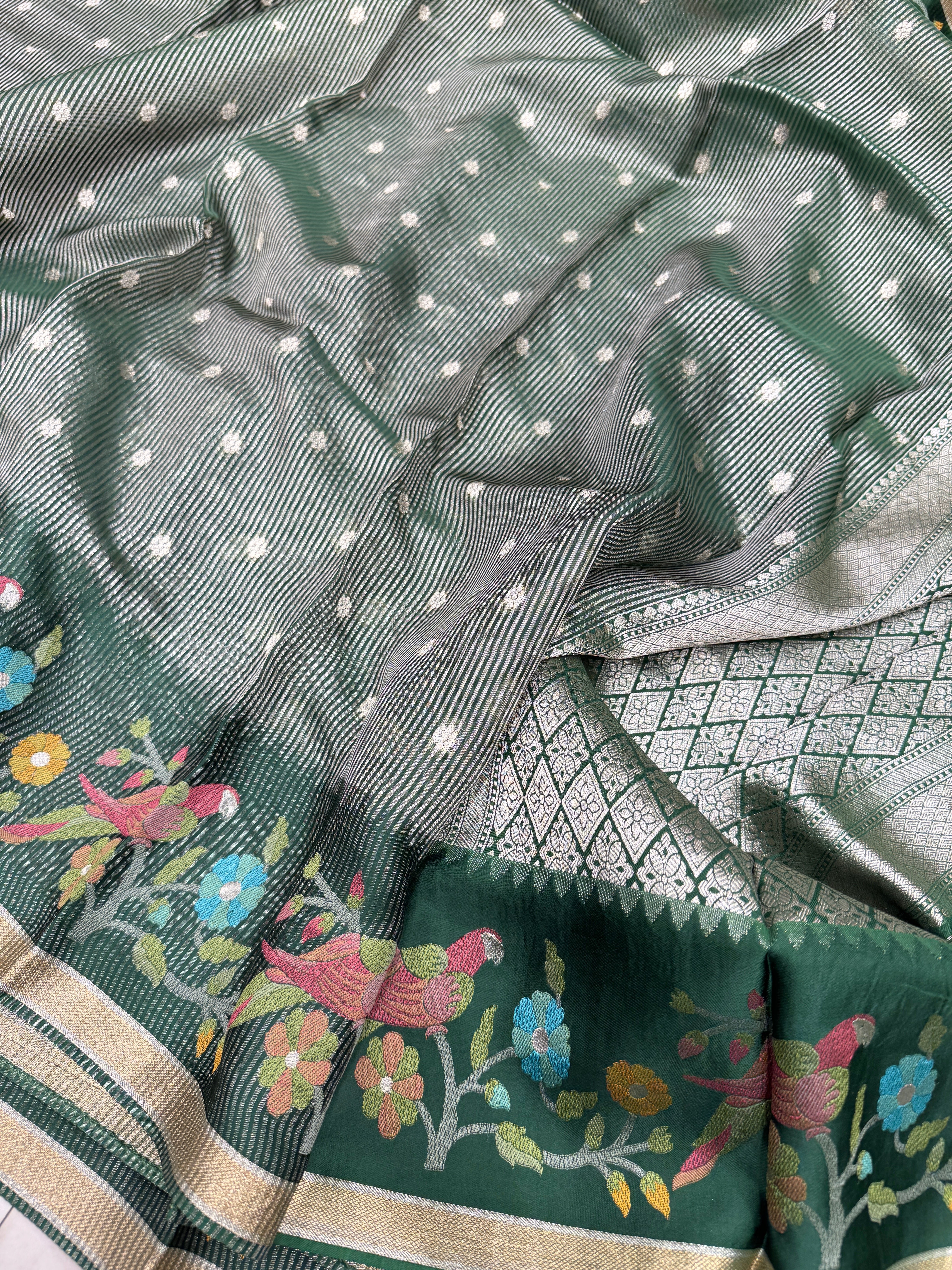 Bottle Green Contemporary Tissue Parsi Petit Point Weaved Saree