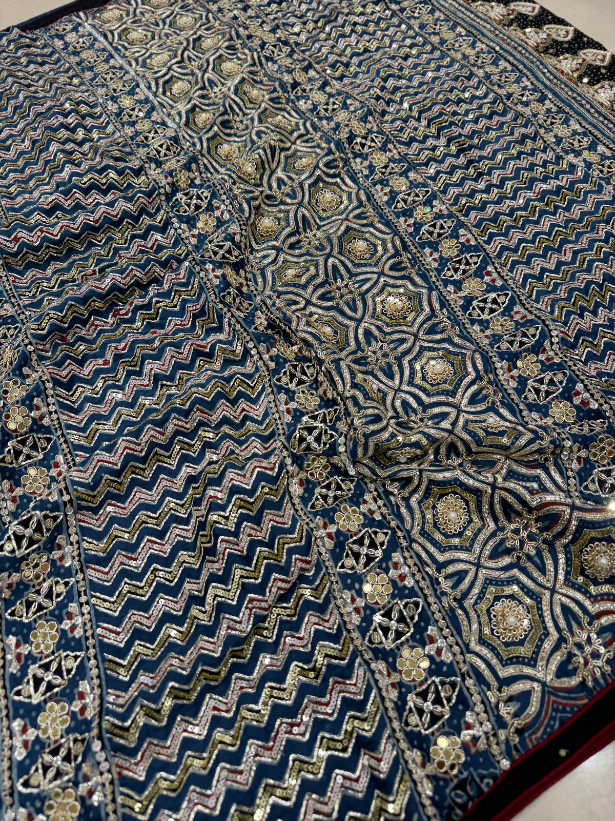 Blue Keri Butti Pita Sequin Ajrakh Hand Embroidery Saree