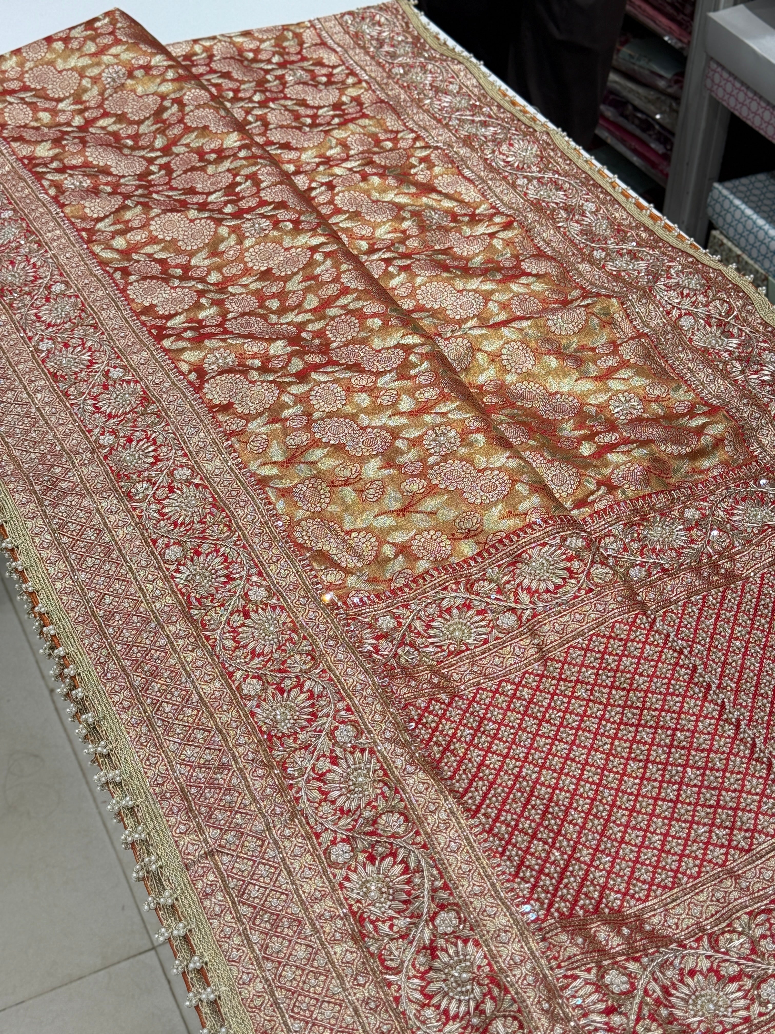 Red Tissue Kanjivaram Zardosi Embroidery Saree
