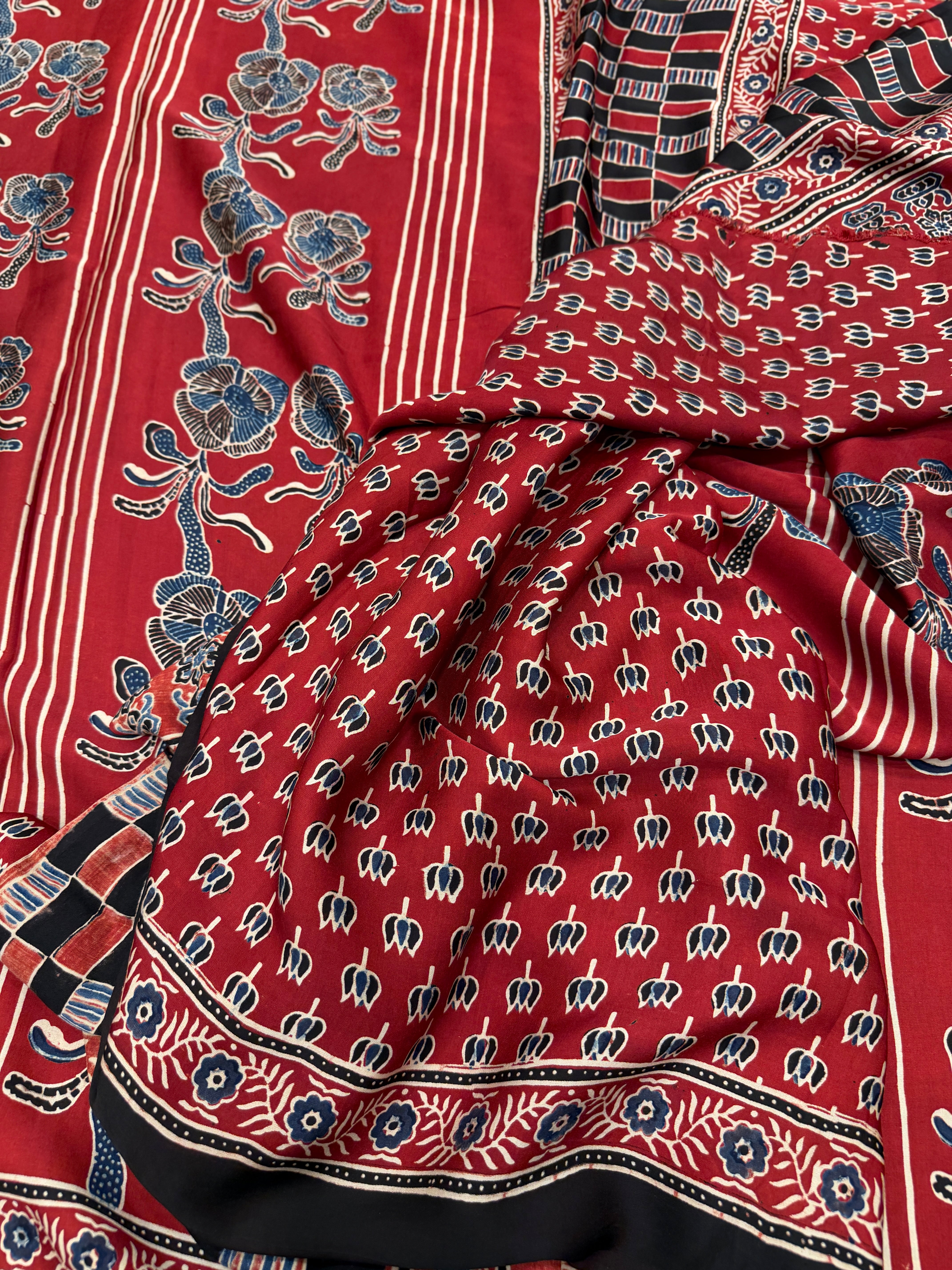 Red Rose Contemporary Ajrakh Block Print Hand Pure Gajji Silk Saree