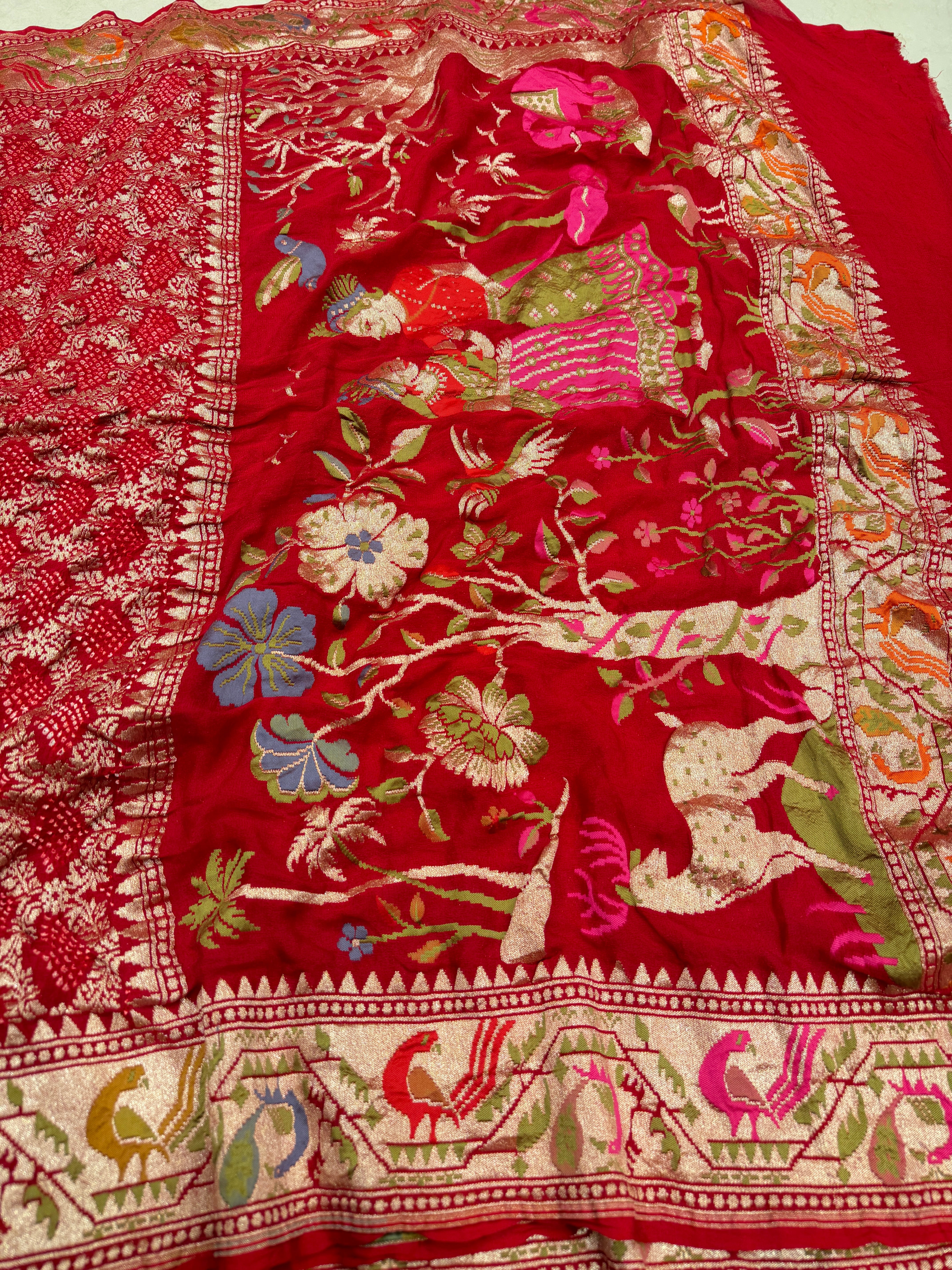 Red Meenakari Border Paithani Style Pure Handloom Bandhej Georgette Saree