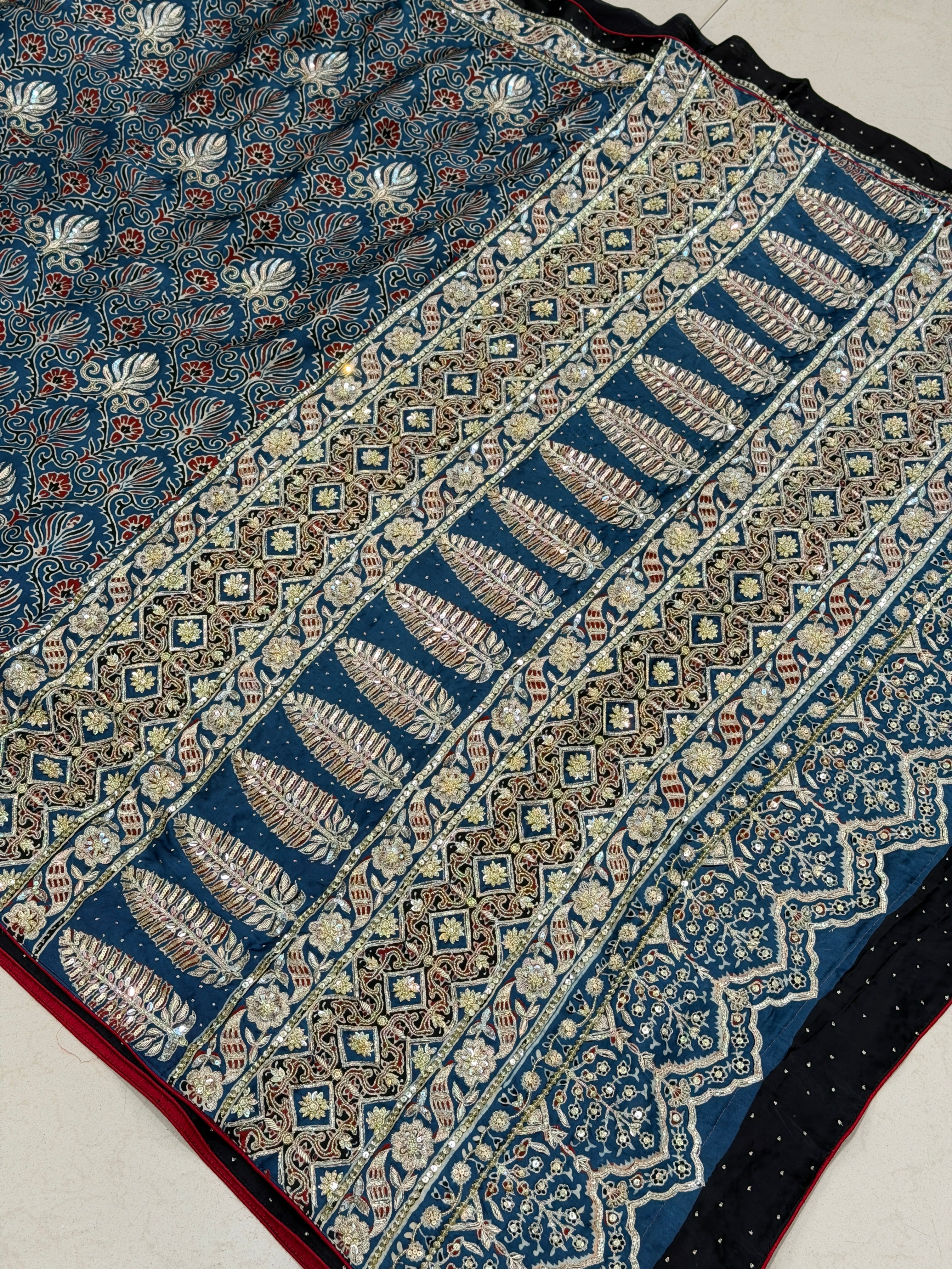 Blue Floral Butta Pita Sequin Ajrakh Hand Embroidery Saree