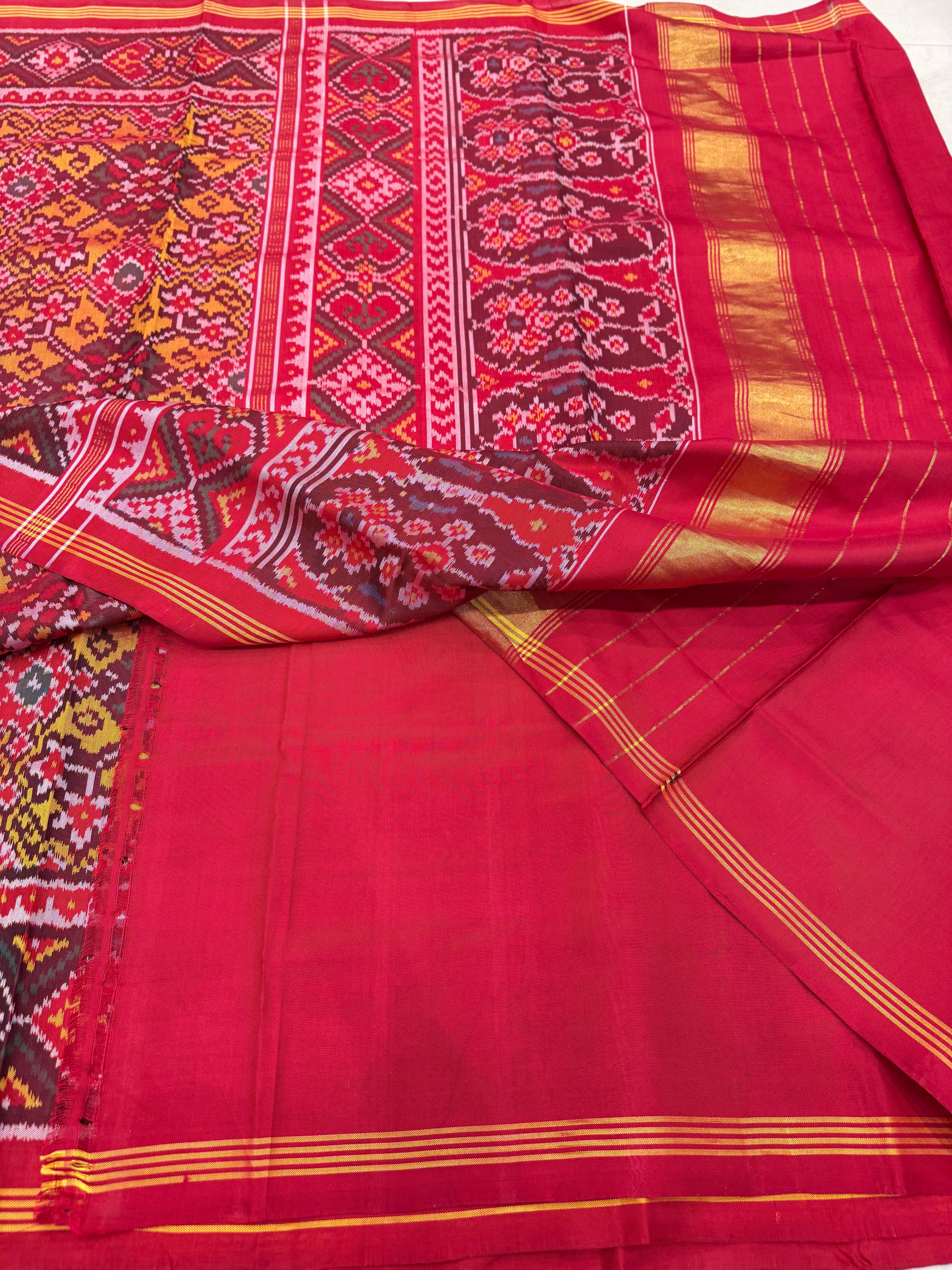 Yellow Red Pure Silk Manek Chowk Handloom Patola Saree
