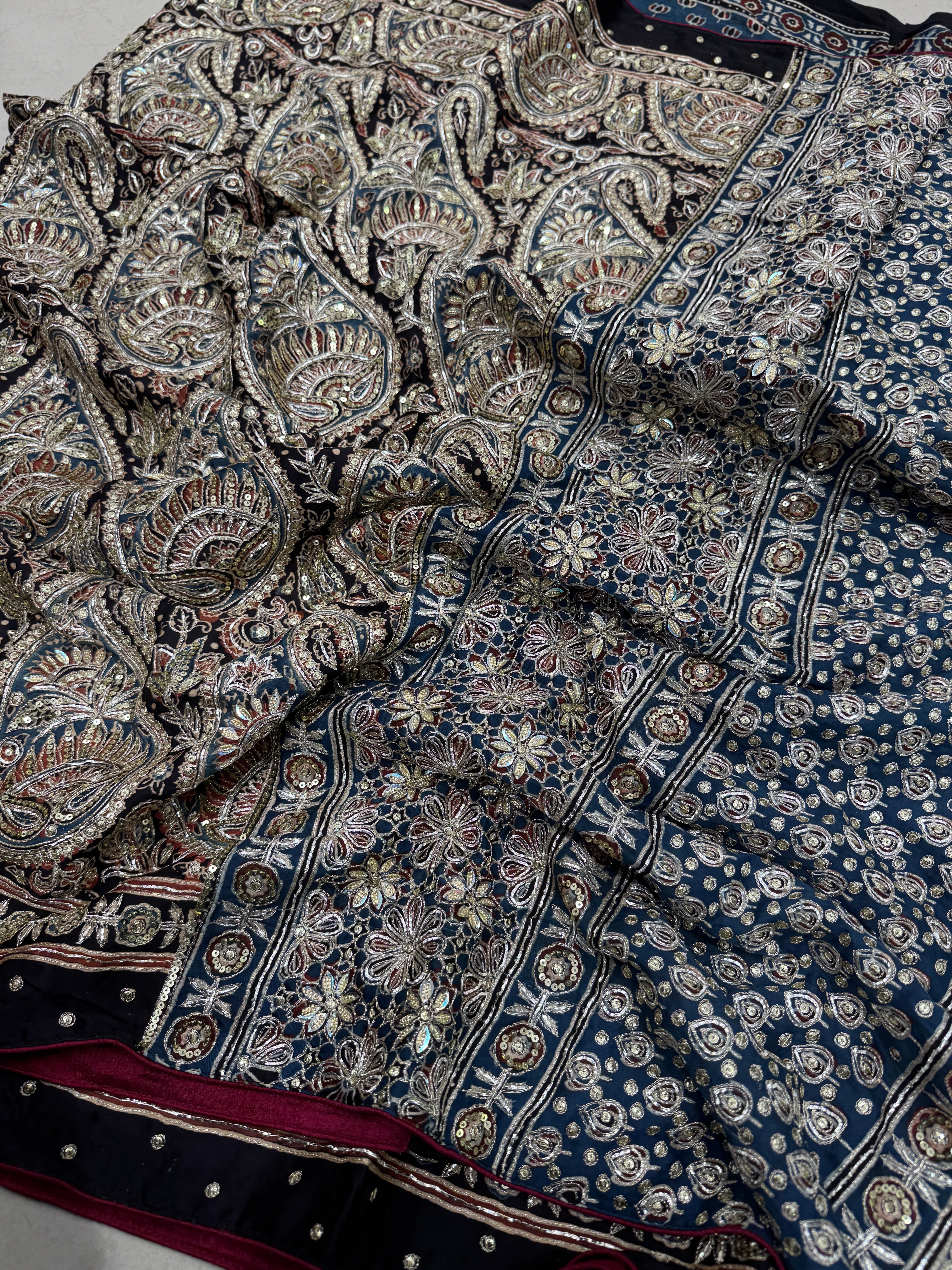 Black Keri Jaal Ajrakh Blue Pallu Hand Embroidery Zardosi and Pita Work