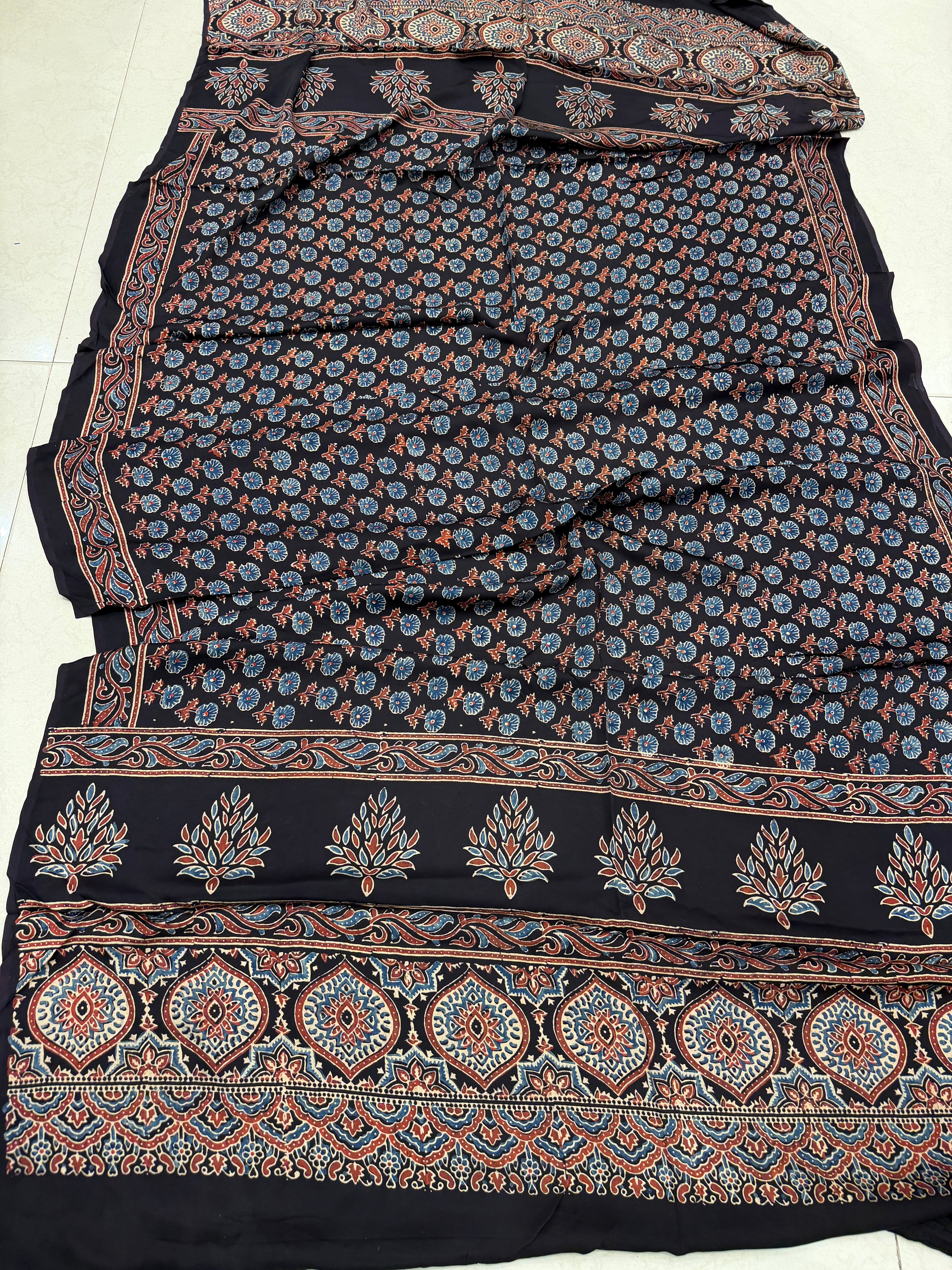 Black Buttis Ajrakh Hand Block Print Pure Gajji Silk Dupatta