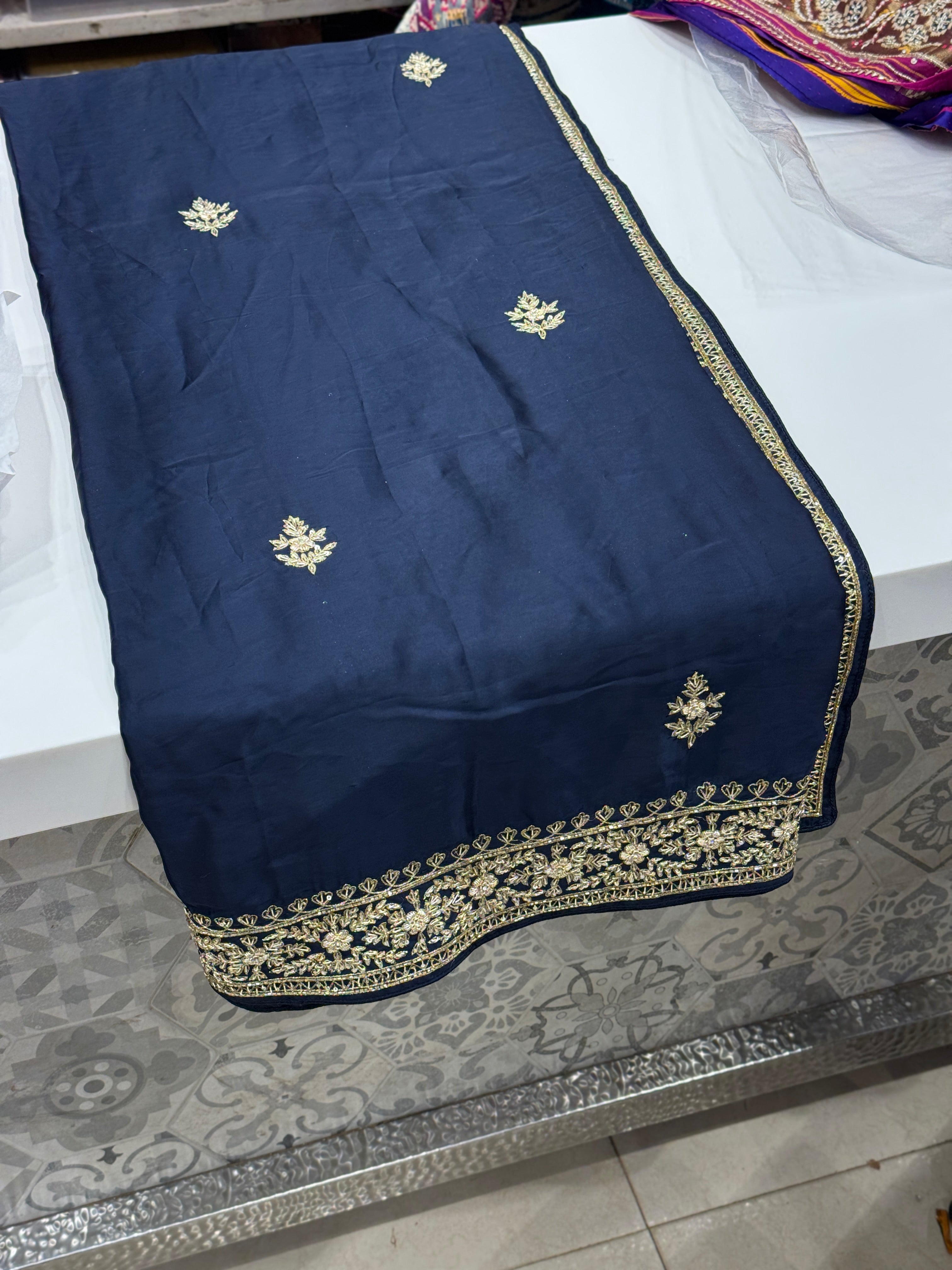 Blue Border Pan Butti Satin Hand Embroidered Zardosi Saree