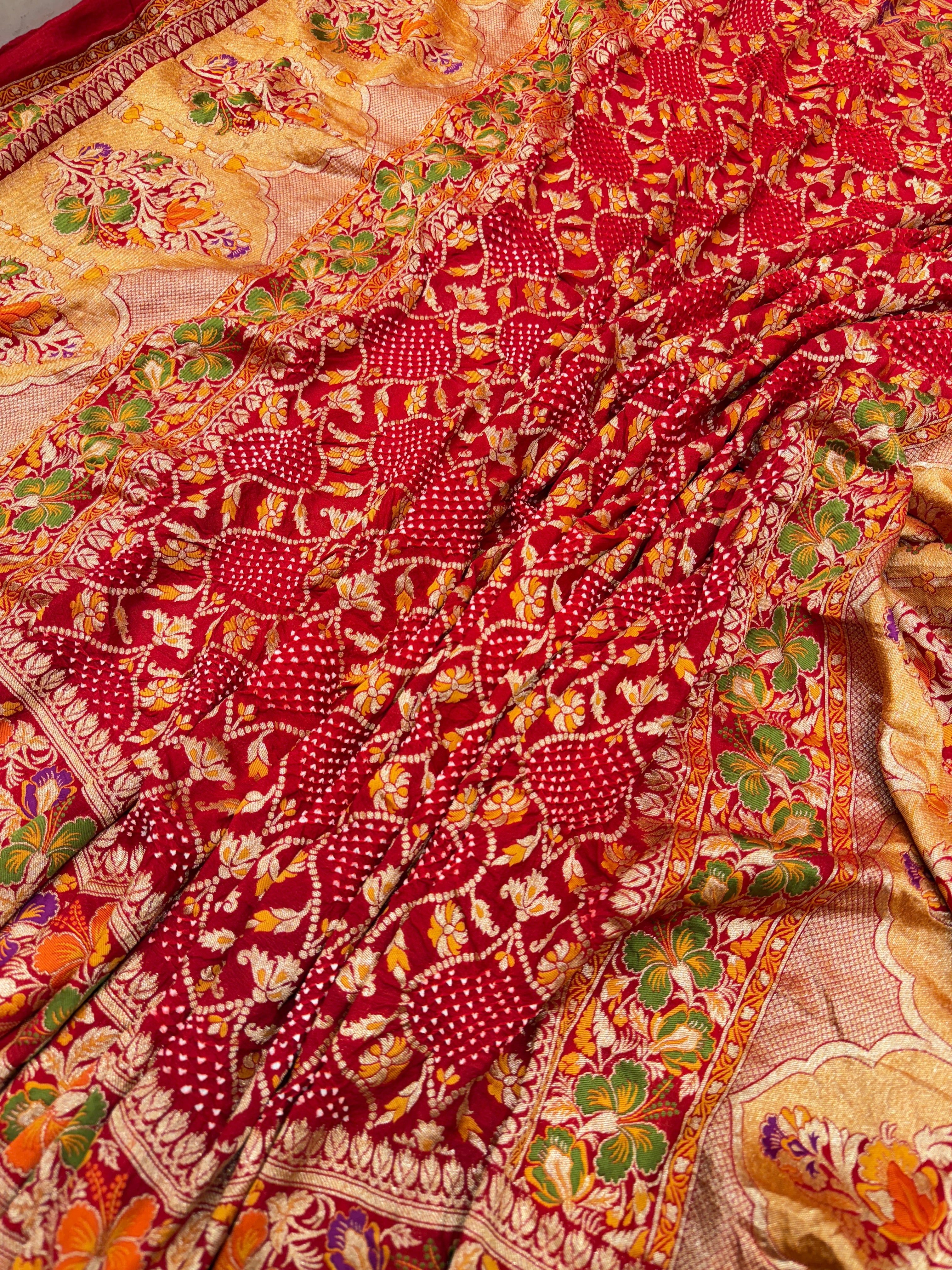 Red Handloom Meenakari Rai Bandhej Pure Zari Dupatta