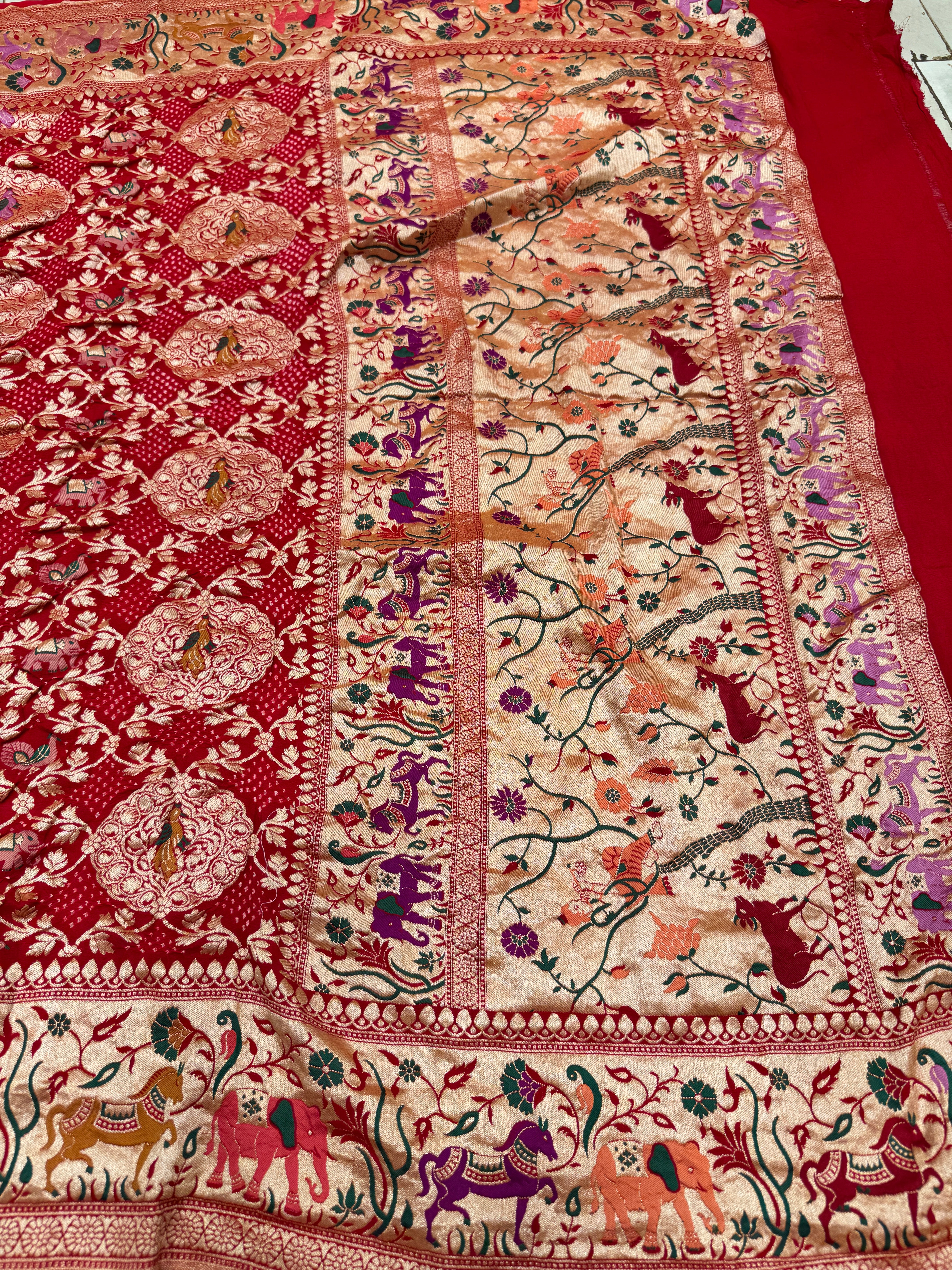 Red Meenakari Rai Bandhej Shikara Saree