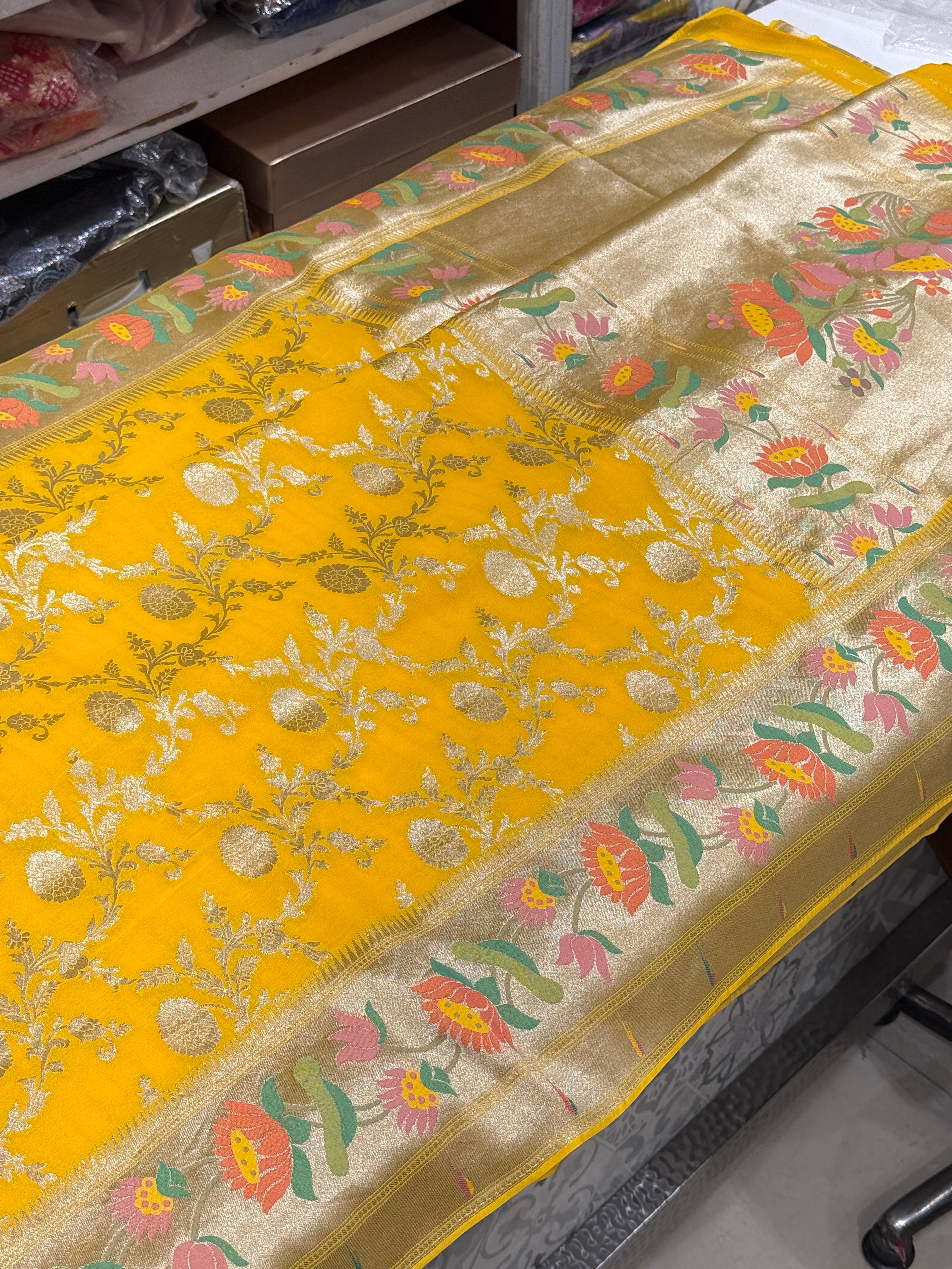 Yellow Georgette Paithani Saree