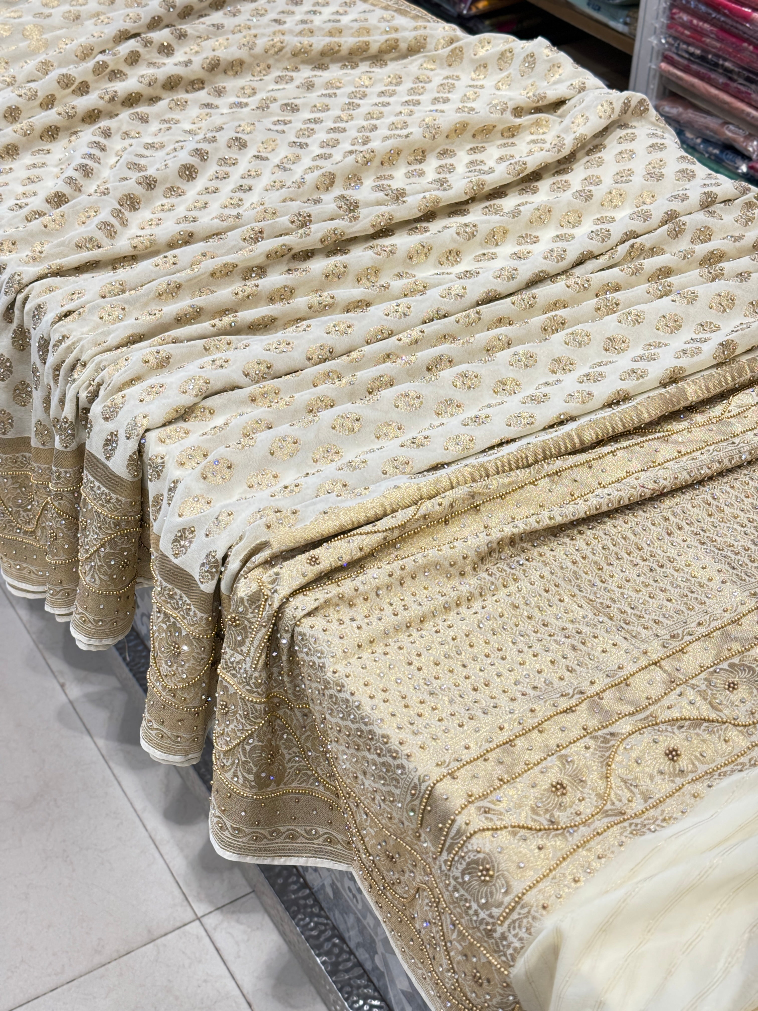 Beige Banarasi Khaddi Georgette Hand Done Buttis Saree