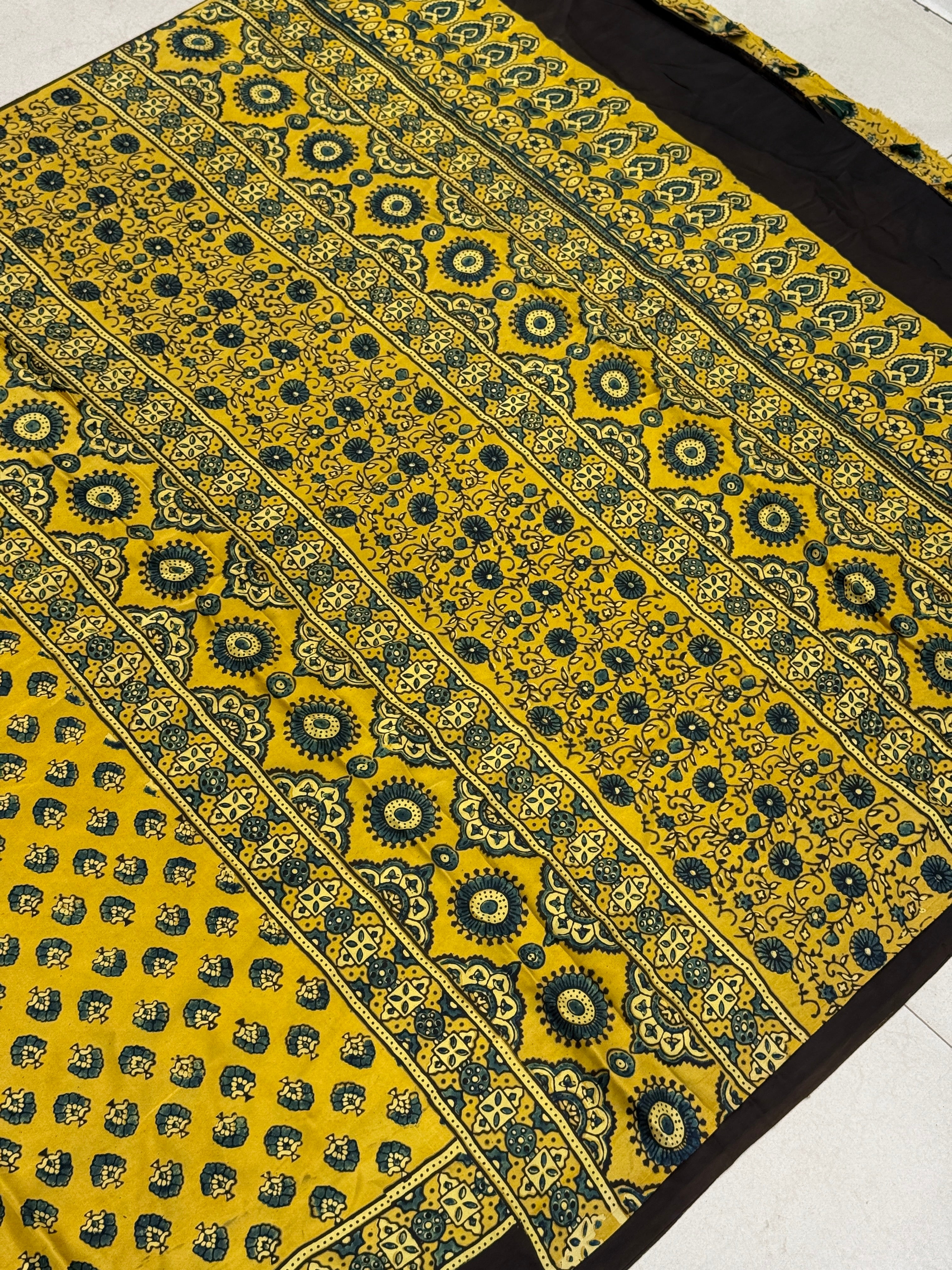 Yellow Floral Butti Ajrakh Modal Gajji Silk Saree