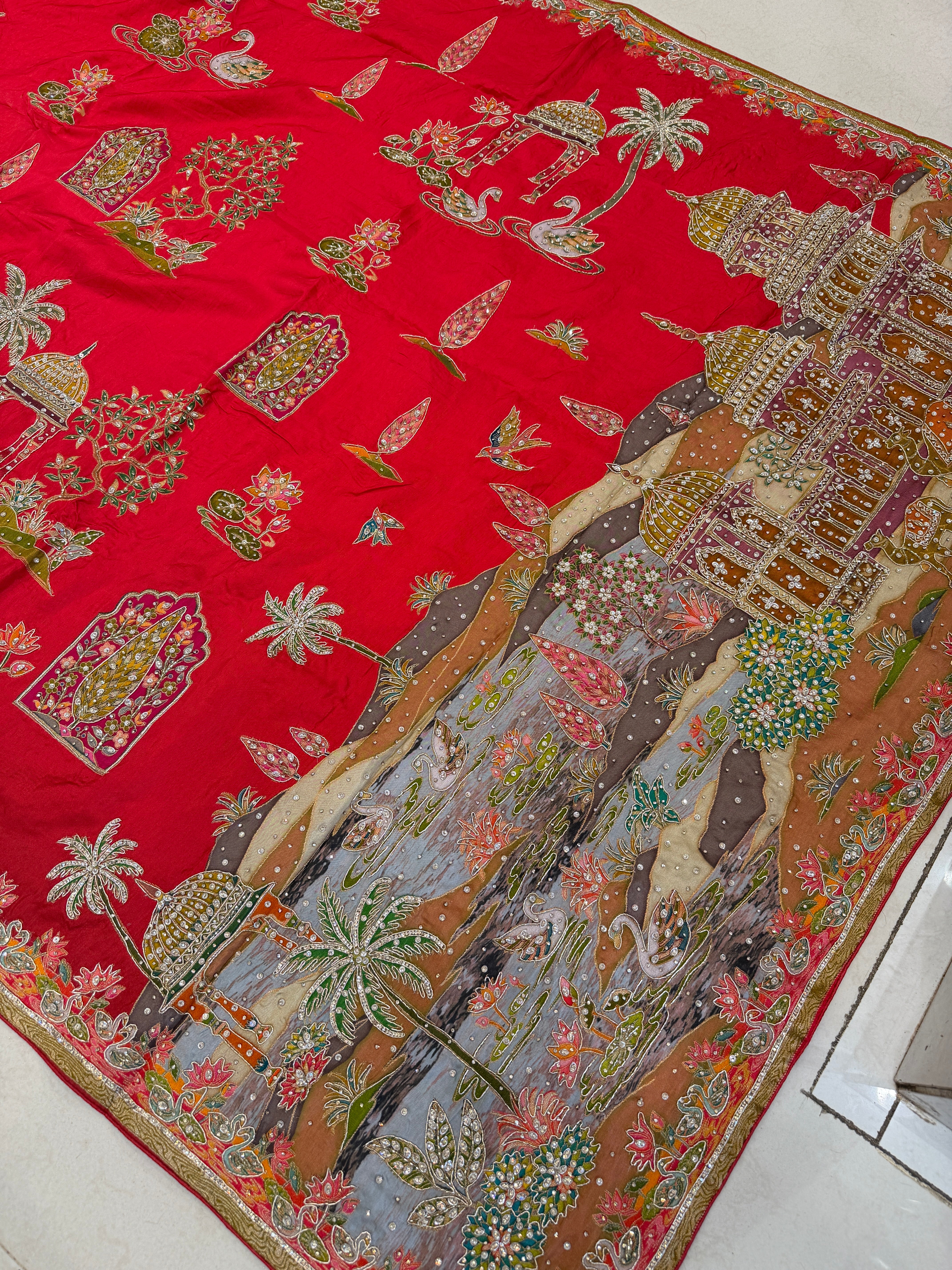 Red Pashmina Inspired Fauna Theme Hand Embroidery Banarasi Munga Saree