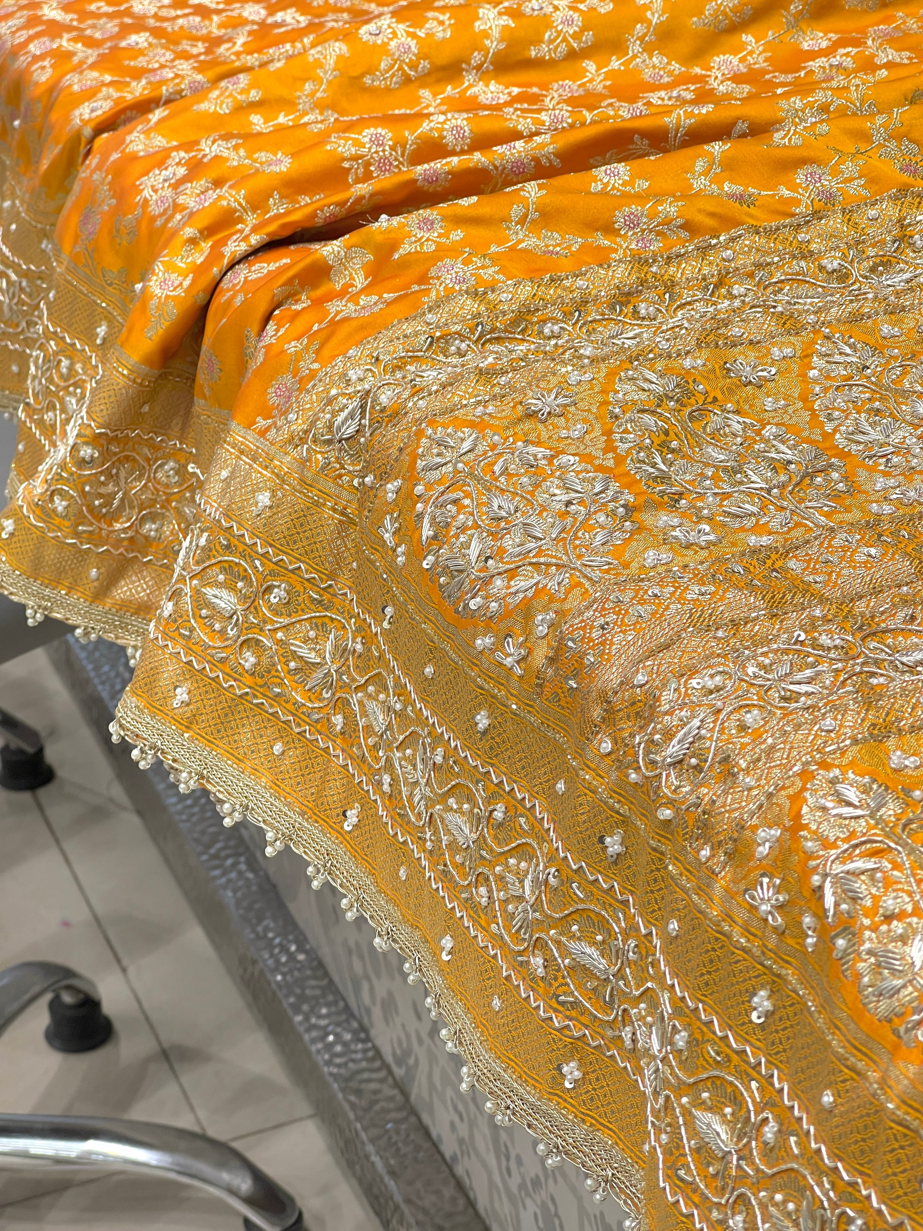 Mango Yellow Banarasi Hand Embroidery Saree