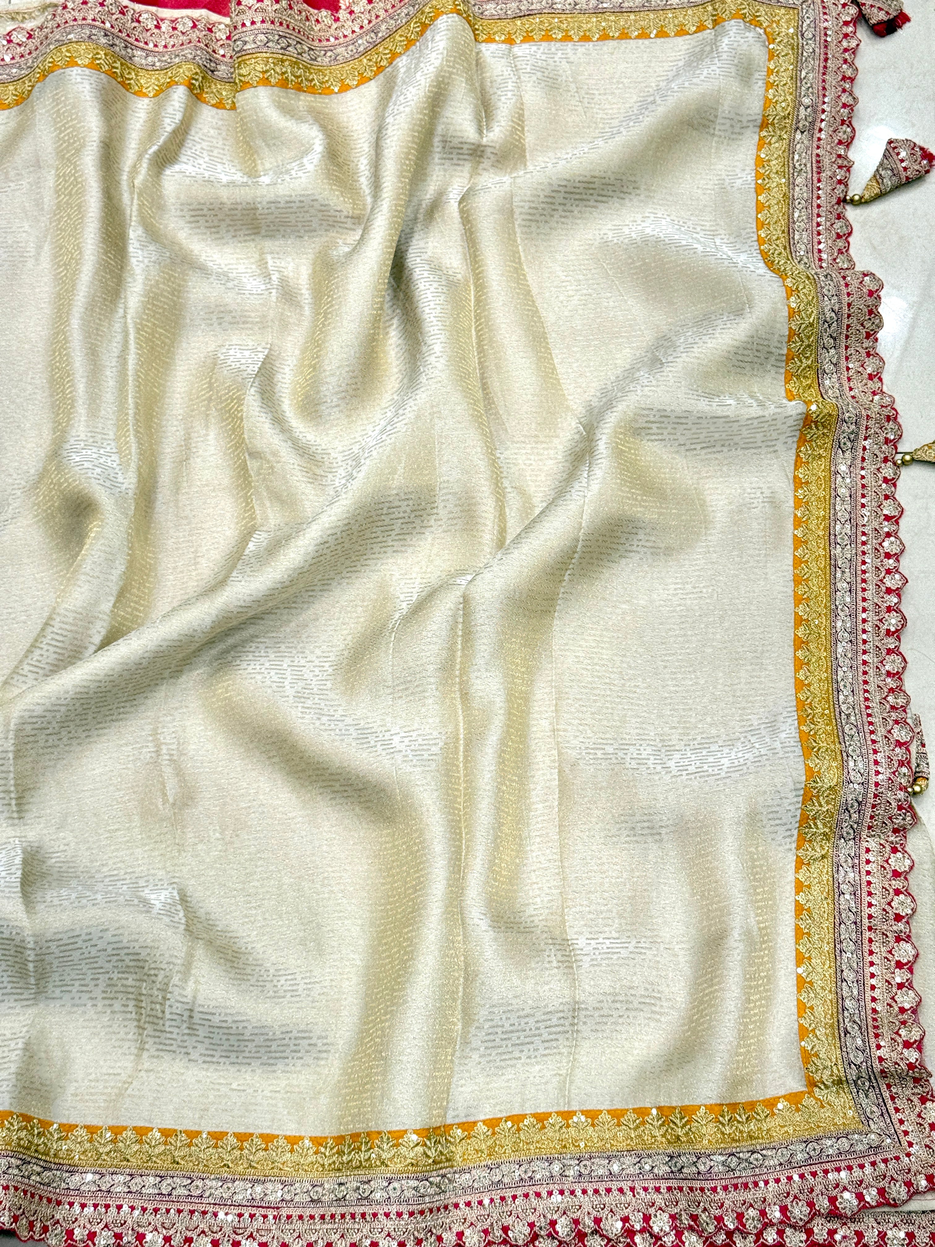 Crepe Tissue Weaved Contemporary Sabyasachi Inspired Rani Border Saree